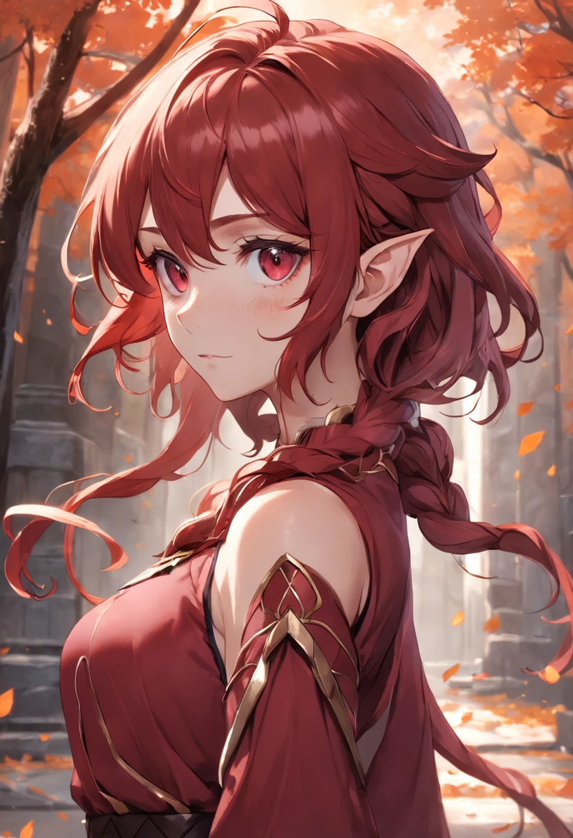 Male elf character with short, dark red wavy hair with feminine features, with a well-effeminate body, no beard;