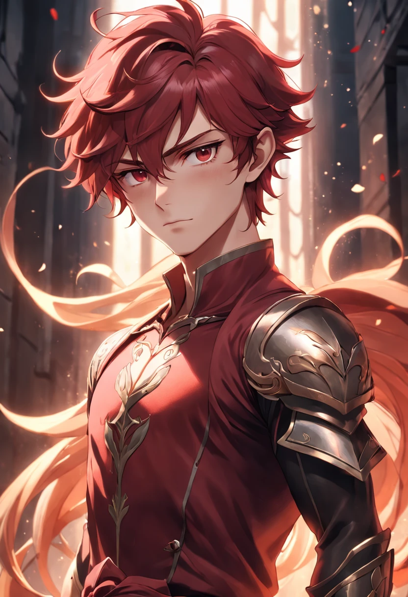 Male elf character with short, dark red wavy hair with feminine features, with a well-effeminate body, no beard;
