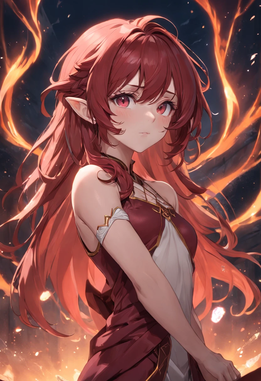 Male elf character with short, dark red wavy hair with feminine features, with a well-effeminate body, no beard;