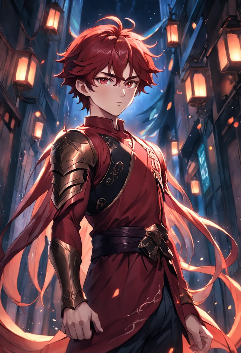 Male elf character with short, dark red wavy hair with feminine features, with a well-effeminate body, no beard;