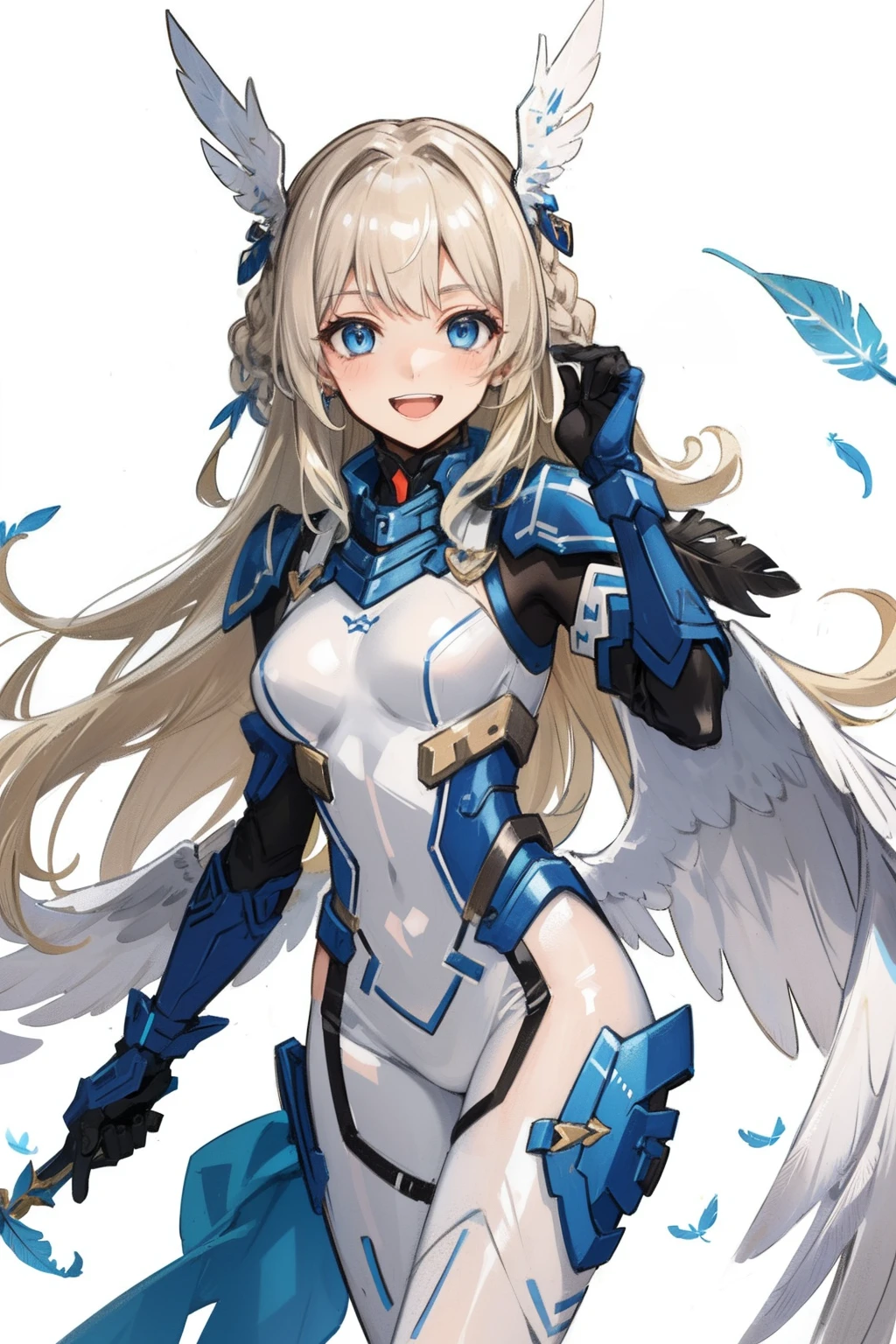 (​master piece, Best Quality),  Intricate details, valkyrie, kawaii, Happy, (((Laugh))), Villainous smile, Hand up, Looking at Viewer, Feather Headgear, Flower meadow, 
1 girl in, Solo, Portrait, Tentacle Plutinum Blonde Hair, drooping ice blue eyes, Silver Single Thigh, White Independent Single Sleeve, gloves, braid, 
 mecha musume, White bodysuit, Silver Reinforced Suit, (((Mini Feather Wing))), silver pantyhose, full armor, flower decoration, equip sword,