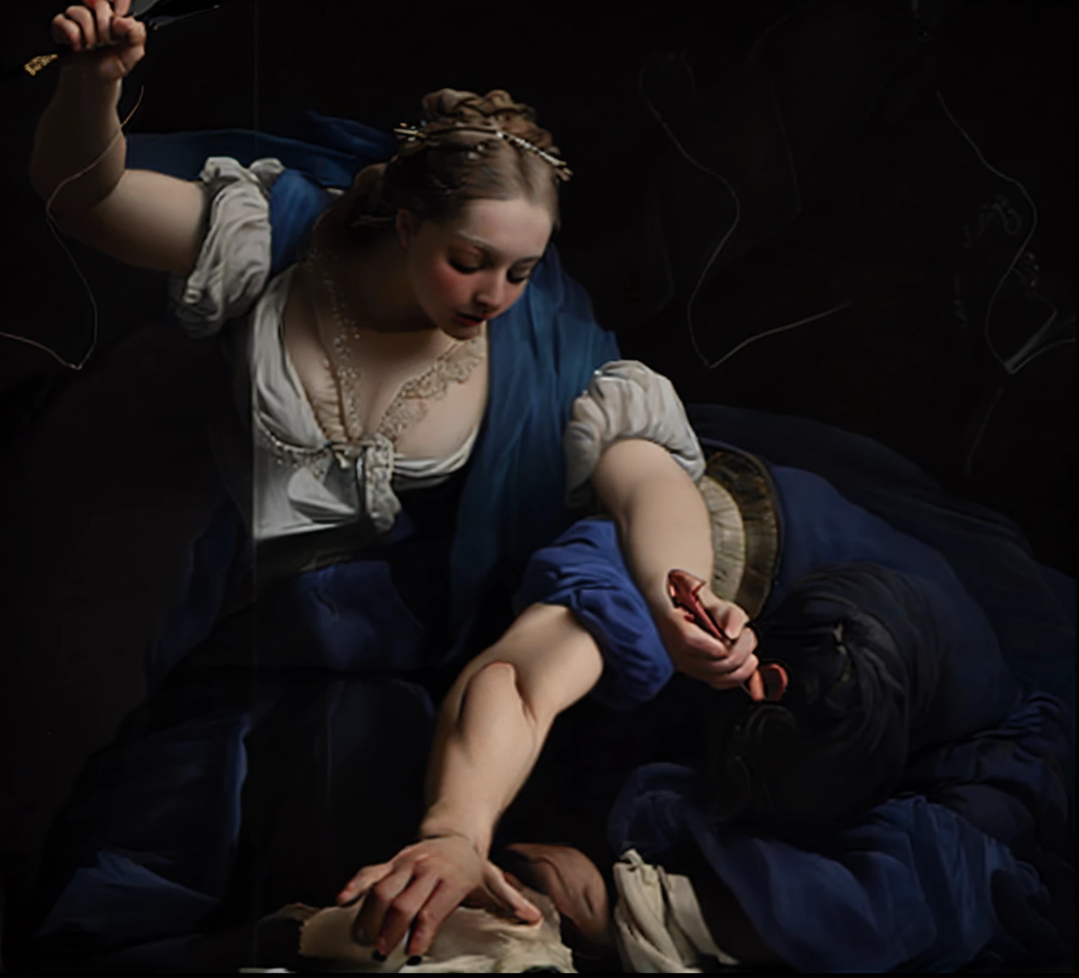 Painting of a woman in a blue dress is holding a knife, inspirado em Sebastiano Ricci, Directed by: Emanuel de Witte, Directed by: Simon Vouet, inspirado em Simon Vouet, inspirado por Abraham Bloemaert, Directed by: Jacopo Amigoni, estilo caravaggesco, Estilo Orazio Gentileschi, inspirado em Jacopo Amigoni