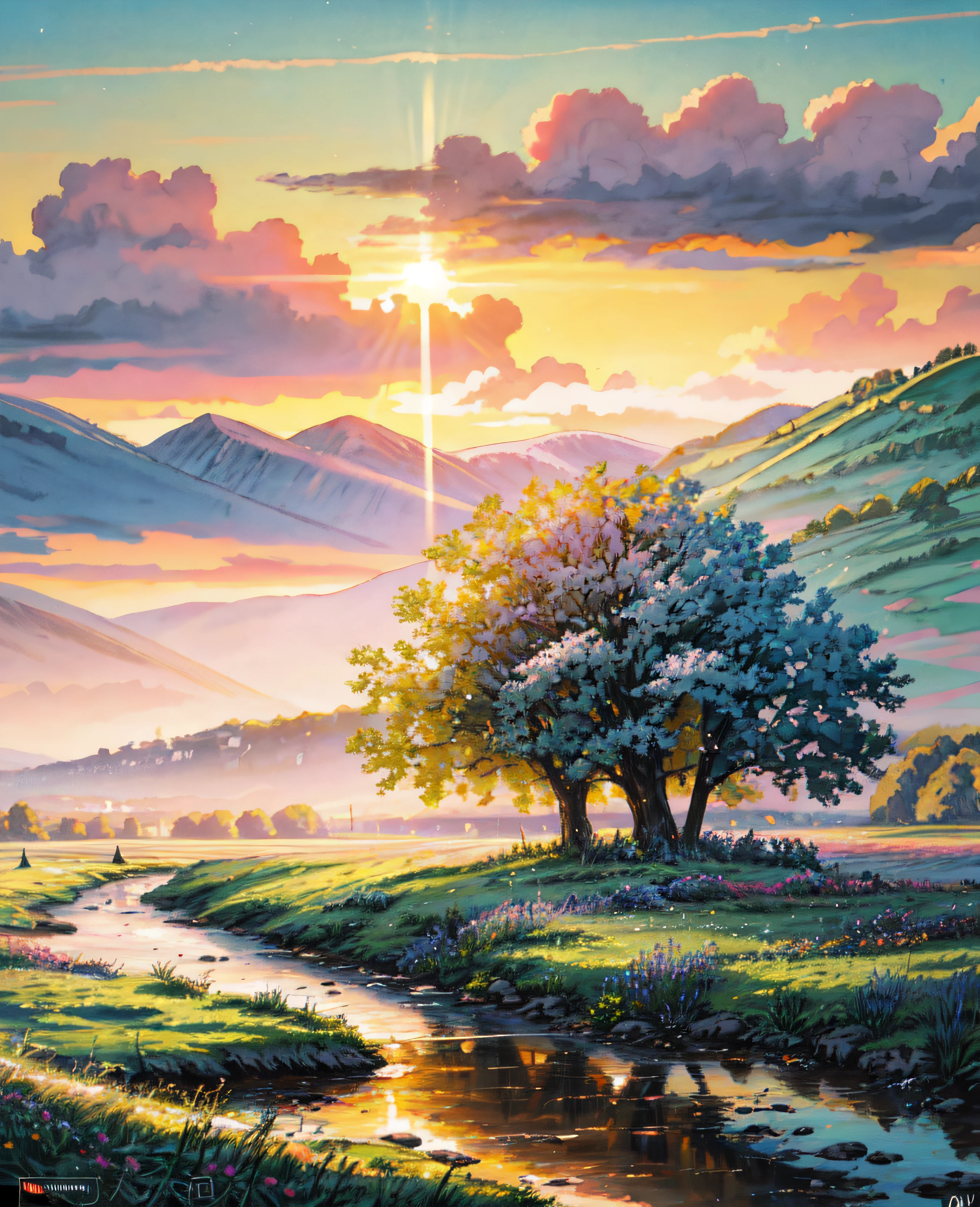painting of a sunset over a field with a stream and a house, scenery art detailed, scenery artwork, painted landscape, detailed painting 4 k, stunning art style, beautiful art uhd 4 k, warm beautiful scene, a beautiful artwork illustration, a beautiful landscape, a beautiful painting, fantastic landscape, beautiful landscape, vibrant gouache painting scenery, beautiful detailed scene