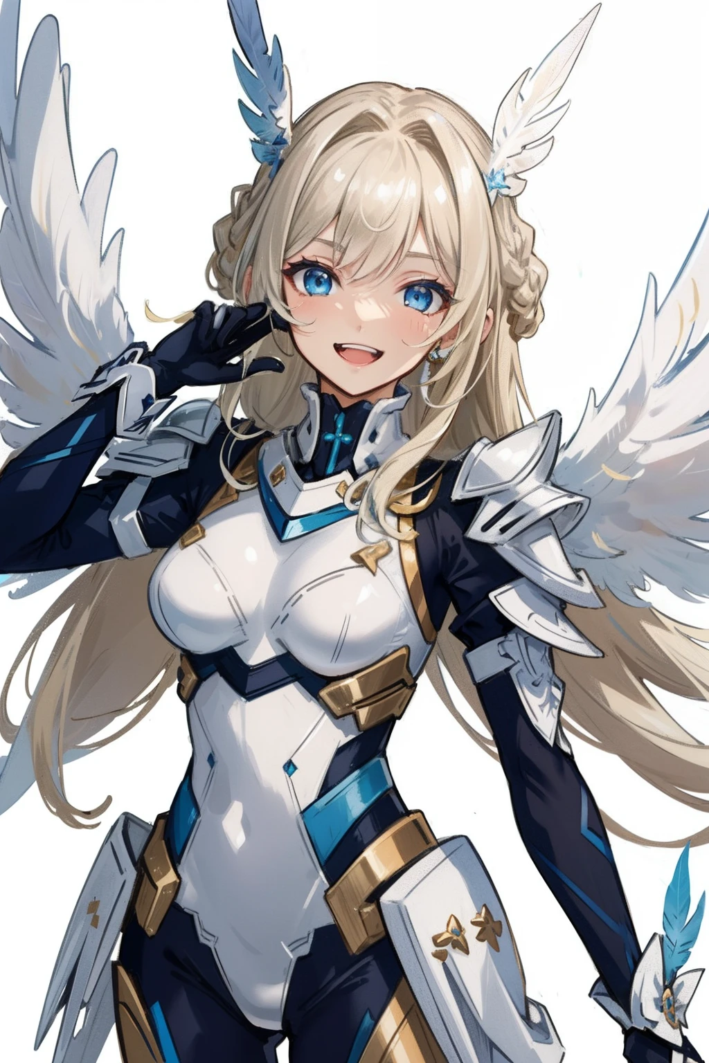 (master piece, Best Quality), Intricate details, valkyrie, kawaii, Happy, (((Laugh))), Villainous smile, Hand up, Looking at Viewer, Feather Headgear, Flower meadow,
1 girl in, Solo, Portrait, Tentacle Plutinum Blonde Hair, drooping ice blue eyes, Silver Single Thigh, White Independent Single Sleeve, gloves, braid,
mecha musume, White bodysuit, Silver Reinforced Suit, (((Mini Feather Wing))), silver pantyhose, full armor, flower decoration, equip sword,