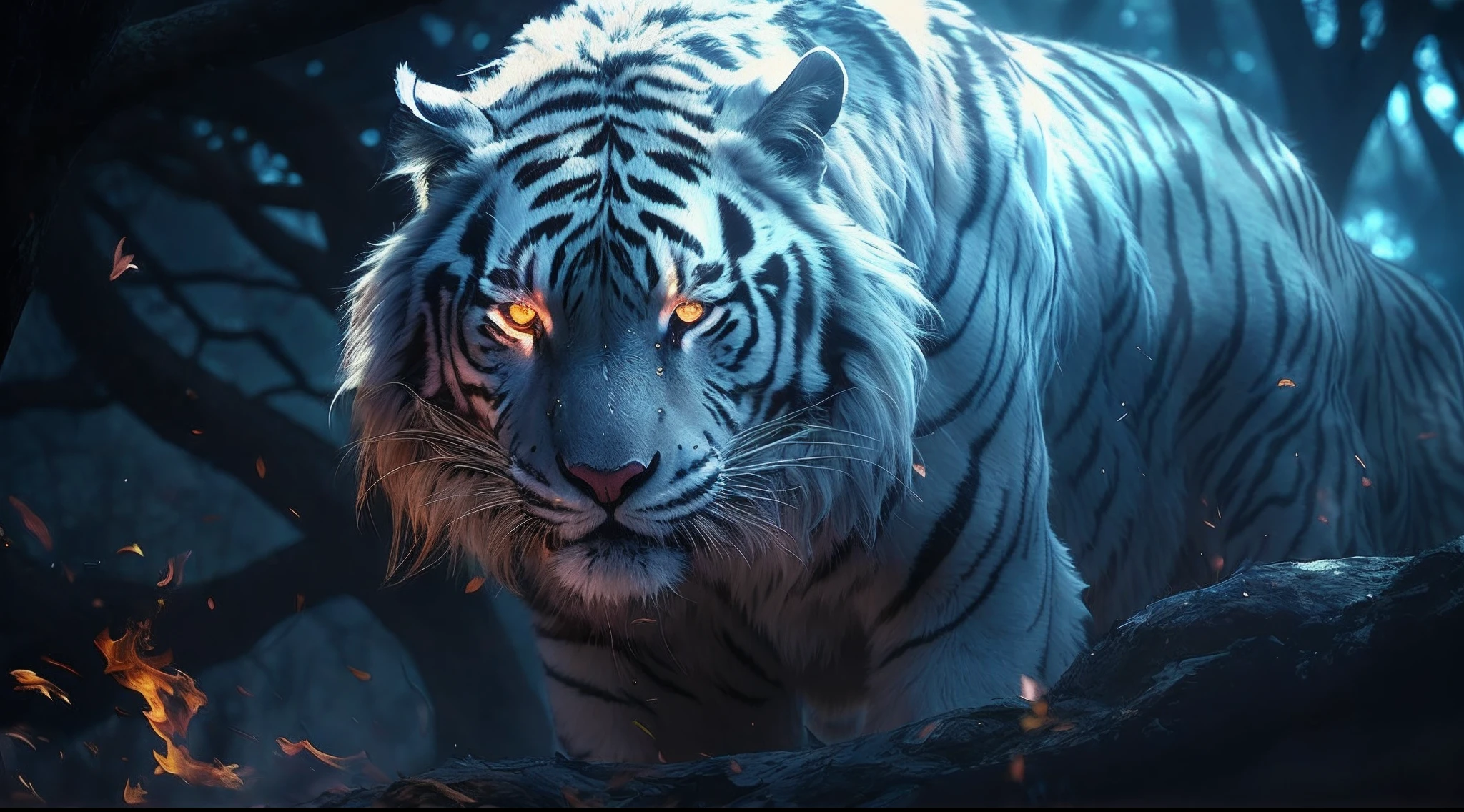 There is a white tiger walking through a forest with fire, tigre_animal, com olhos amarelos brilhantes, Arte digital altamente detalhada em 4k, tigre branco, olhos brancos brilhantes, Arte digital detalhada em 4k, ((tigre)), fierce expression 4k, arte digital animal foto, 4 k hd wallpaper muito detalhado, papel de parede 4k, papel de parede 4K