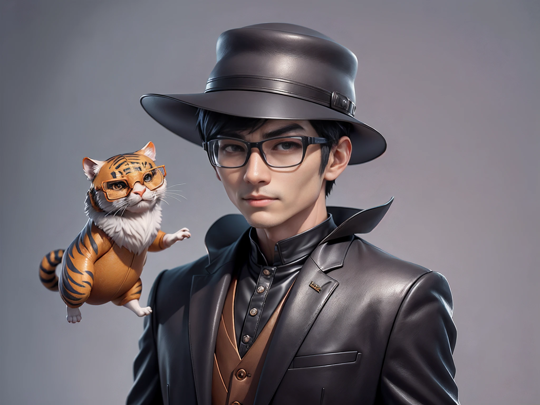 Young man with oriental face in leather hat, tiger, oriental face in formal suit, short black hair, silver glasses, digital painting, 3D character design by Mark Clairedon and Pixar and Hayao Miyazaki and Akira Toriyama, the illustration is a high-definition illustration in 4K resolution with very detailed facial features and cartoon-style visuals.