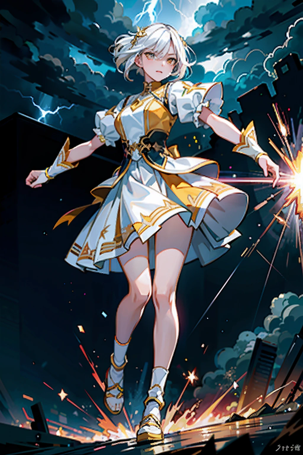 masterpiece, best quality, 
1girl, solo, (motion lines:1.1), bloom, cinematic lighting, full body, white hair, yellow eyes, intricate skirt, (fighting:1.2), angry, (thunder:1.3), (flying sparks), dynamic angle