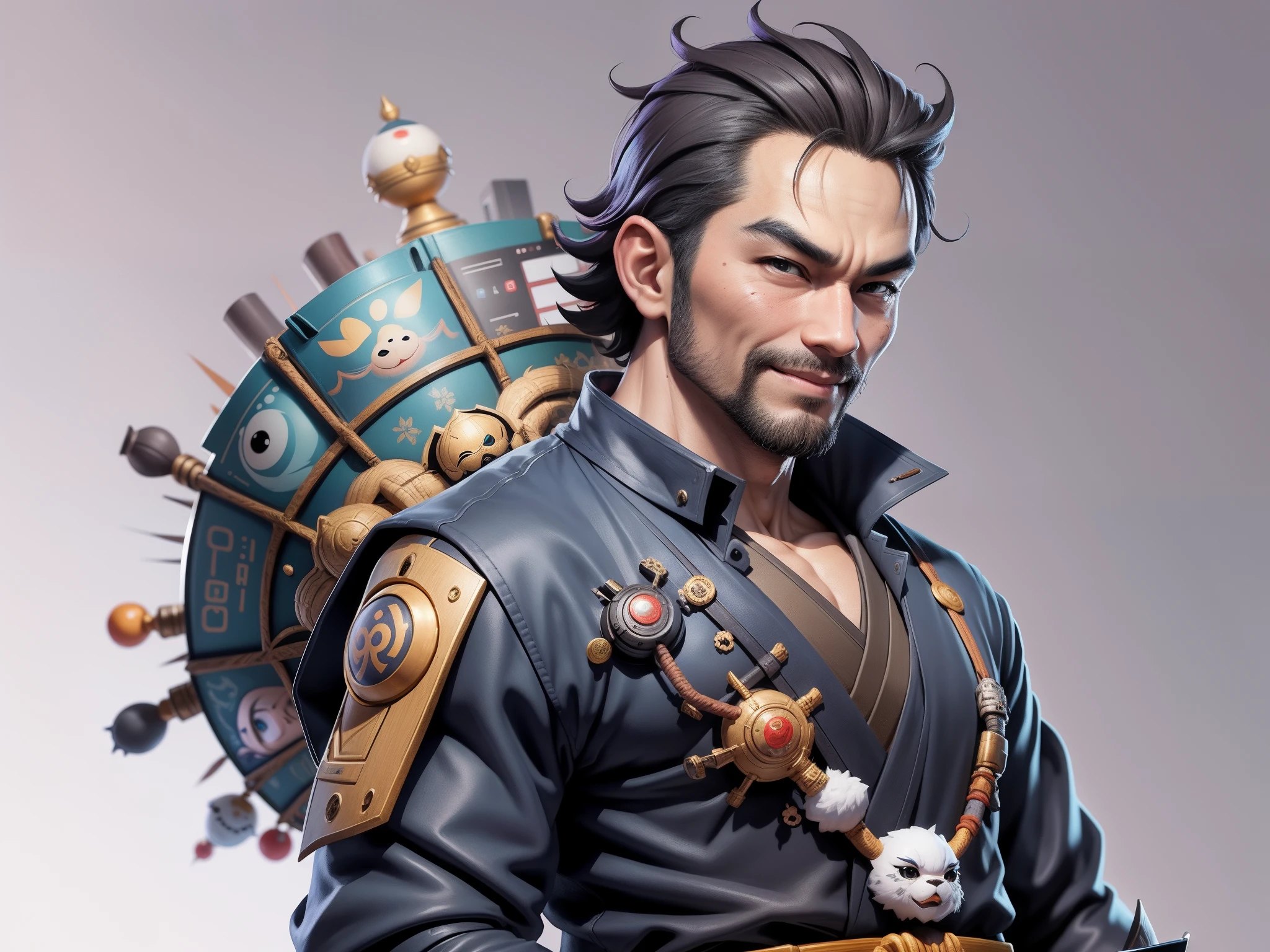 (Daisaku),(Need),(Super meticulous),(full bodyesbian:1.2),Super young man with Japanese geisha,Beautiful,orient,one tiger,Aeolian Thor,Raised sexy,爆乳,Oriental face,TV Anchor,Bust portrait illustration,In black suit,a blue tie,The face is slightly chubby,The face was clean,without a beard,Black super short hair,Black eyes,Smile confidently,3C computer sub-products,iPad, iphone,Digital painting,3D character design by Mark Clairen and Pixar and Hayao Miyazaki and Akira Toriyama,The illustration is a high-definition illustration in 4K resolution,With very detailed facial features and cartoon-style visuals。
