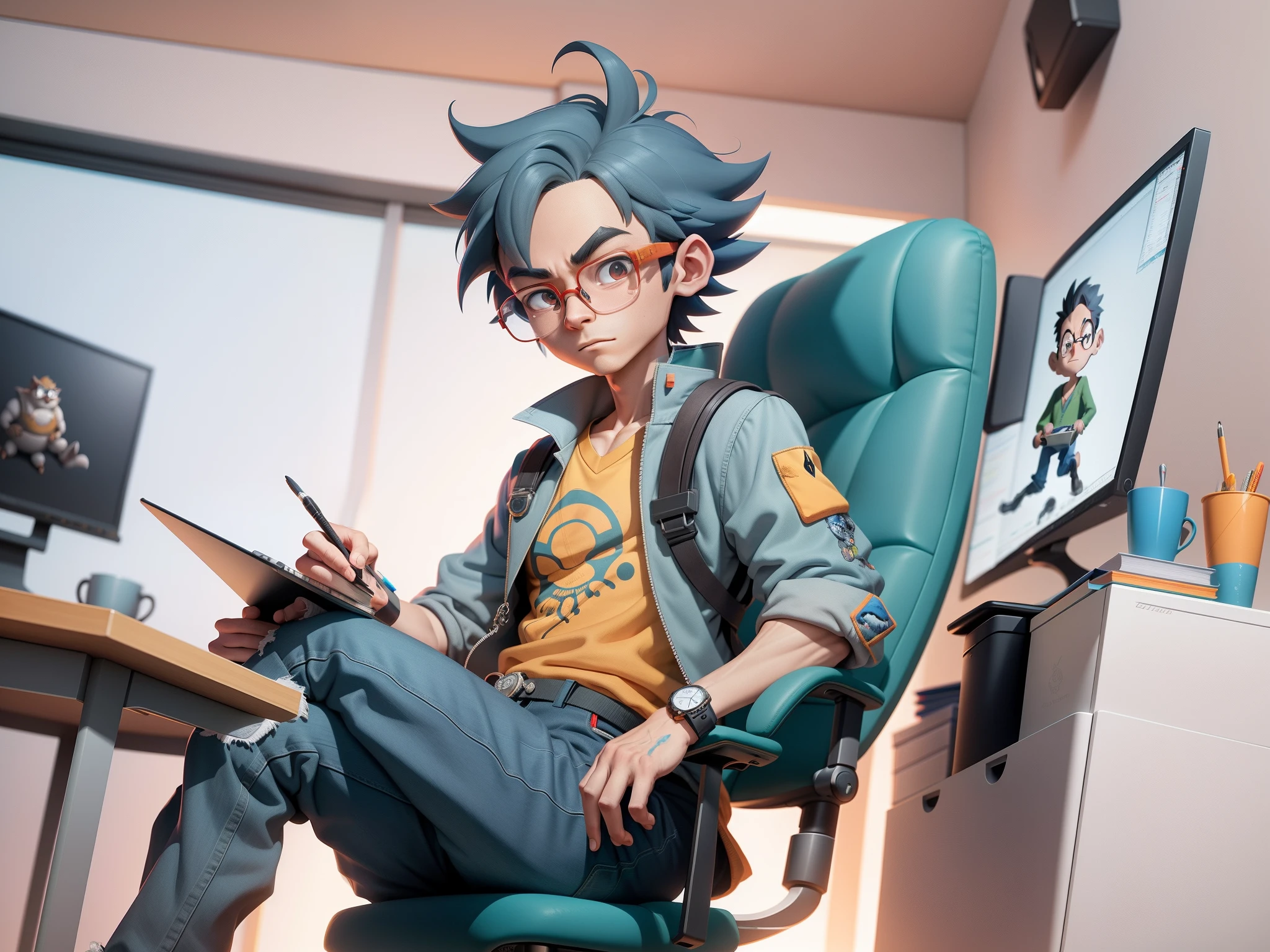 A young man with glasses sits at his desk,holding laptop,digitial painting,3D character design by Mark Clairen and Pixar and Hayao Miyazaki and Akira Toriyama,4K HD illustration,Very detailed facial features and cartoon-style visuals。