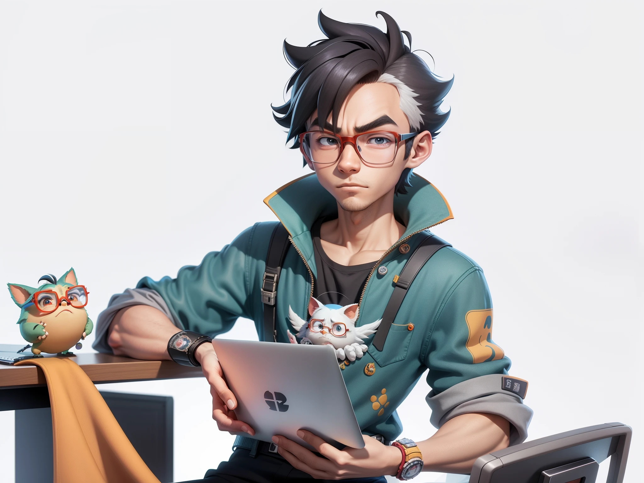 A young man with glasses sits at his desk,holding laptop,digitial painting,3D character design by Mark Clairen and Pixar and Hayao Miyazaki and Akira Toriyama,4K HD illustration,Very detailed facial features and cartoon-style visuals。
