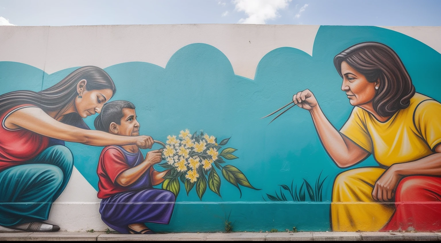 In a public space, um mural colorido exibe cenas de atos gentis e generosos. From helping an elderly neighbor plant flowers to donating food to families in need, Each image captures the spirit of empathy and solidarity.