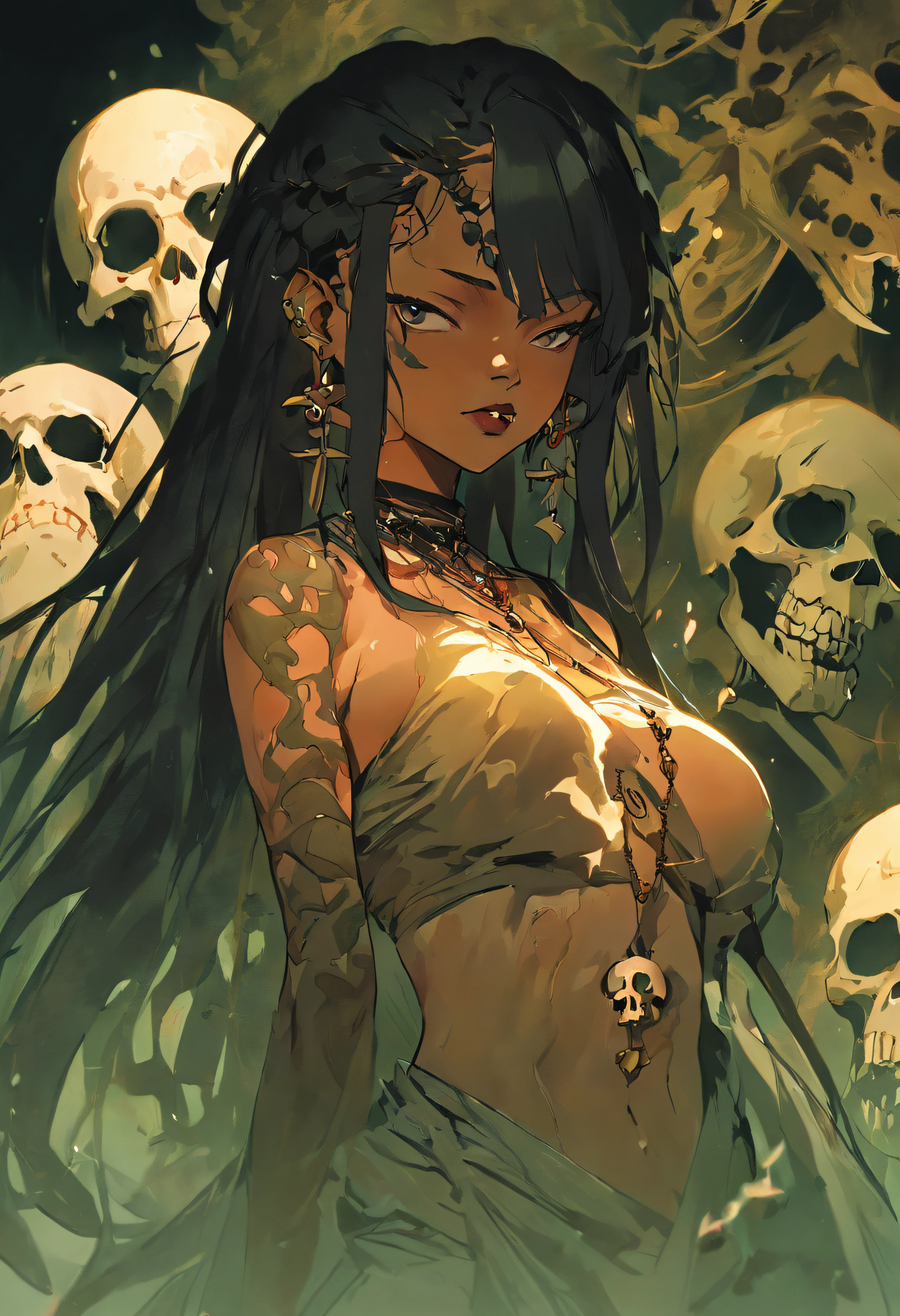 ((masterpiece:1.4, best quality:1.2)), a voodoo priestess, swamp, dreadlocks, skulls, artwork portrait, adam hughes, sexy, erotic.