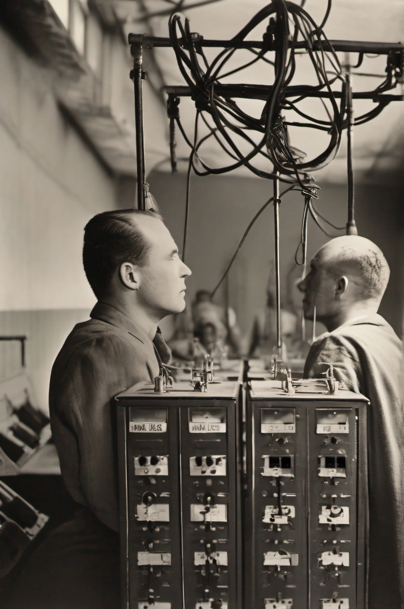 1940s prison inmates with machines attached to their heads with countless electrical wires hanging from their heads、The wires are connected to a tube server.。
