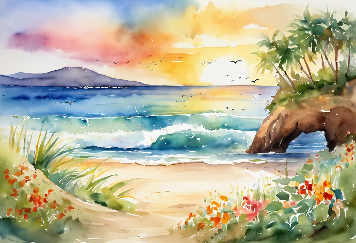 Pixar style minimalist vector of beautiful island sunrise, A secluded beach with small waves gently crashing against the beach, Open view of the calm emerald sea, The sun breaks the horizon、Rainbow rays gently piercing the sky
