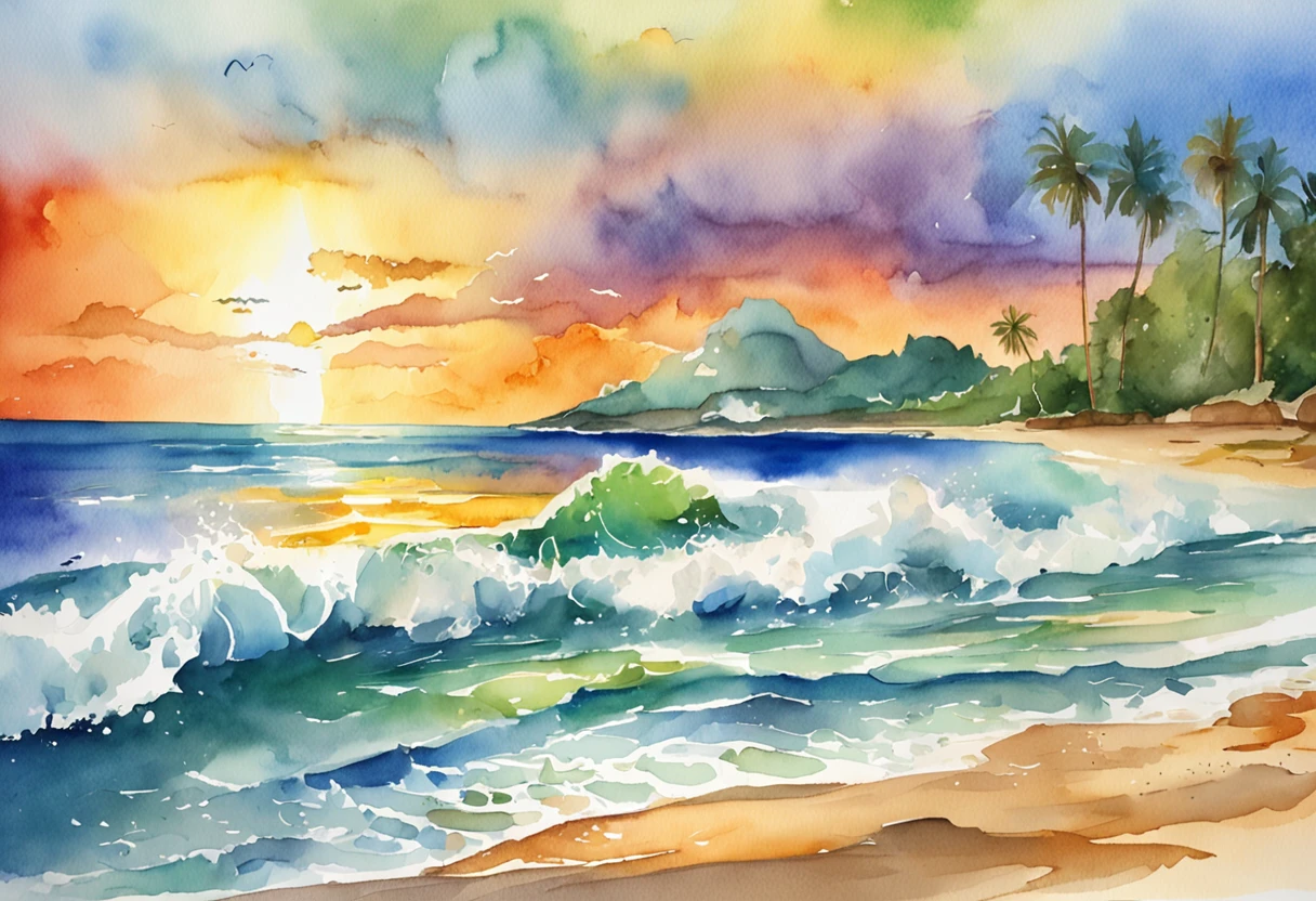 Pixar style minimalist vector of beautiful island sunrise, A secluded beach with small waves gently crashing against the beach, Open view of the calm emerald sea, The sun breaks the horizon、Rainbow rays gently piercing the sky