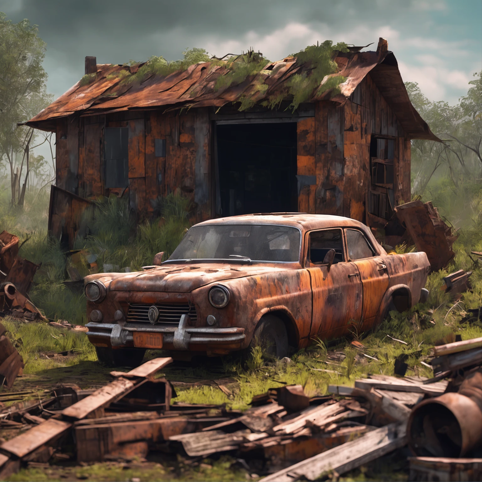 Rusted out old car on blocks with a wooden shack with a sheet metal roof in the background. by pascal blanche, neil blevins, thomas kinkade, apocalyptic color palette, trending on artstation, photorealistic, neon ambiance, ultra detailed, high definition, depth of field, bokeh, rubble, wild vegetation, building crumbling