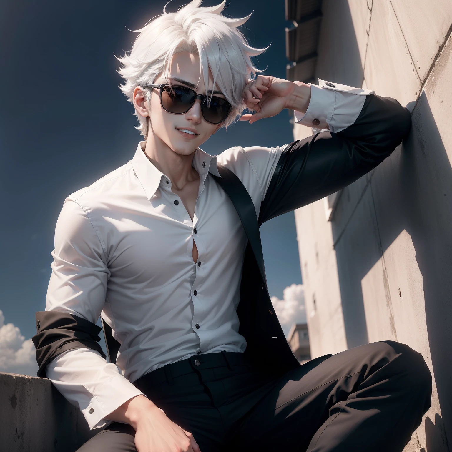 Anime boy, mask, sunglasses, black and white shirt and pants, dark background, symmetrical face, looking at the sky,handsome, beautiful eyes, beautiful hair, badass, High quality image, white hair, laughing, skinny, looking up in the sky, alone, sitting,sky,