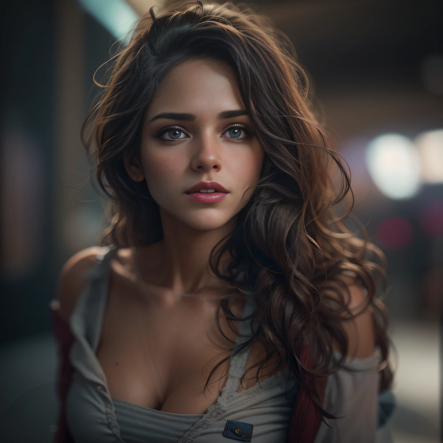 Foto de retrato de rosto completo de europeia de 25 anos, RAW, mulher bonita, semi-open strawberry lip, covinhas, wistful expression, (brown hair with extra long wavy), ((rosto detalhado)), ((detailedfacialfeatures)), (pele fina detalhada), pale skinned, ambiente de megacidade cyberpunk, (cor fria), humid, humid, reflexo, (masterpieceShot com Canon EOS R5 (detalhe) (Fotos realistas) (detalhes detalhados) lente de 50mm, f/2.8, HDR, (8k) (papel de parede) (cinematic lighthing) (lighting dramatic) (foco nítido) (complexo), fotografia RAW, fotografia RAW, fotografia gigachade, camera pose, jeans preto, back arm, 8k uhd, dslr, de alta qualidade, grain movie, Fujifilm XT3, Film Stock Photo 4 Kodak Portra 400 Camera F1.6 Lens Rich Colors Ultra-realistic Textures Dramatic Lighting Unreal Engine Art Station Trends Cinestill 4B8r3B4p7yhRXuBWLqsQ546WR43cqQwrbXMDFnBi6vSJBeif8tPW85a7r7DM961Jvk4hdryZoByEp8GC8HzsqJpRN4FxGM9mess, Muscles, Veias estouradas, Contas, (( Preto & roxo vestido sexy)), (rabo de cavalo, 1 large hull),