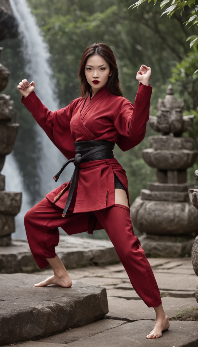 The expression is a smile. Produce a female martial artist costume designed in shades of deep red and black. Give this image a dynamic feeling of fire and wind. Next, add a combat outfit (raw legs or tights) designed to accentuate the lines of the body (mini-skirt or spats) and give it a special touch with metal accents and belts. Further, combine accessories with gold or silver armbands, a cape without a brim and matching rings or earrings. Finally, emphasise the martial artist's strength and charm with sharp eyeliner and a deep red lip. Dynamic poses: adopt poses that show the energy and movement of a martial artist, such as fists thrust forward or raising one leg to replicate the action of a kick. Location: an ancient stone dojo with a thick mist in the air. It is surrounded by old stone statues and bamboo forests, with a cascading waterfall in the background. The place has a mystical and historical atmosphere that complements the martial artist's costume and its dynamism.