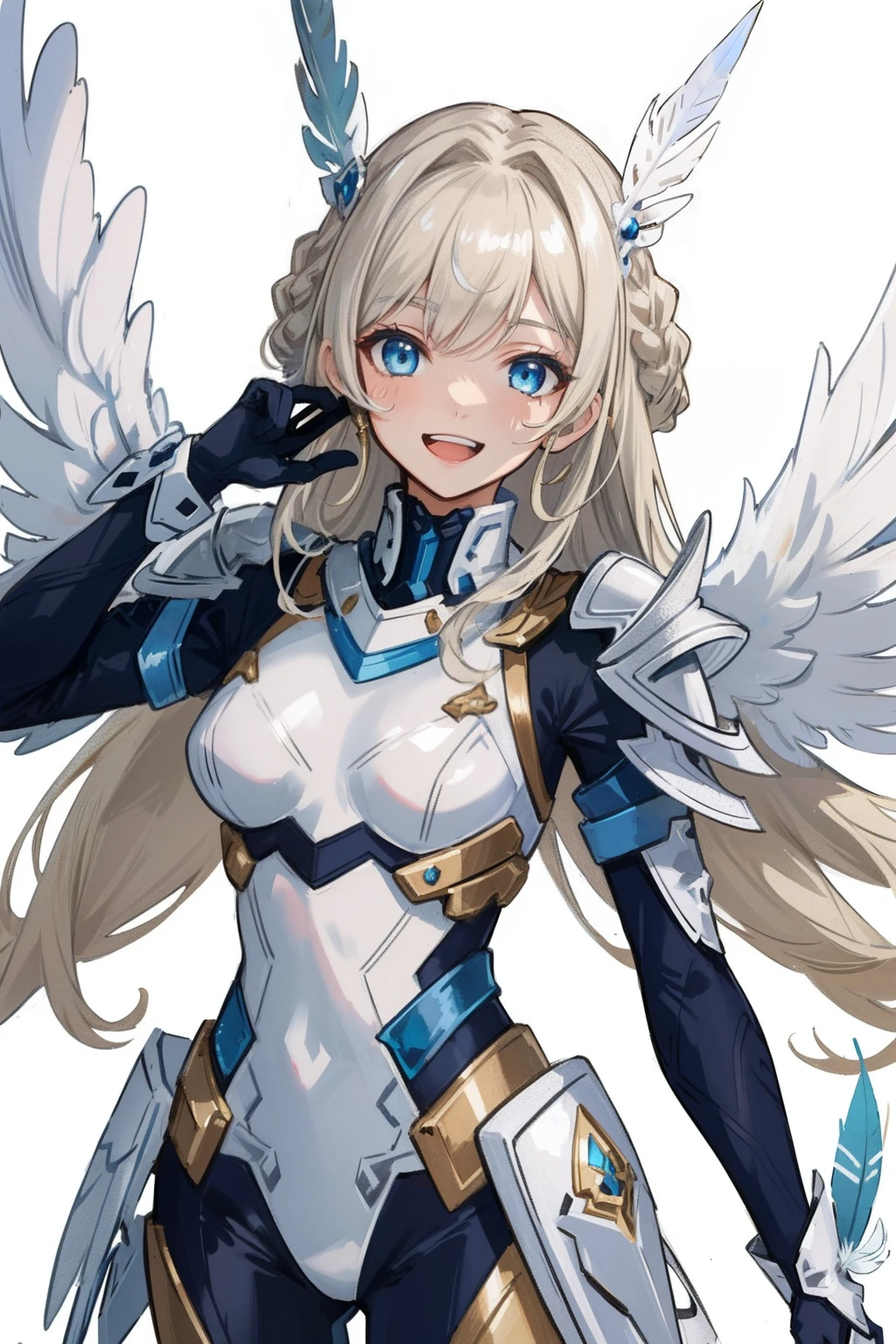 (​master piece, Best Quality),  Intricate details, valkyrie, kawaii, Happy, (((Laugh))), Villainous smile, Hand up, Looking at Viewer, Feather Headgear, Flower meadow, 
1 girl in, Solo, Portrait, Tentacle Plutinum Blonde Hair, drooping ice blue eyes, Silver Single Thigh, White Independent Single Sleeve, gloves, braid, 
 mecha musume, White bodysuit, Silver Reinforced Suit, (((Mini Feather Wing))), silver pantyhose, full armor, flower decoration, equip sword,