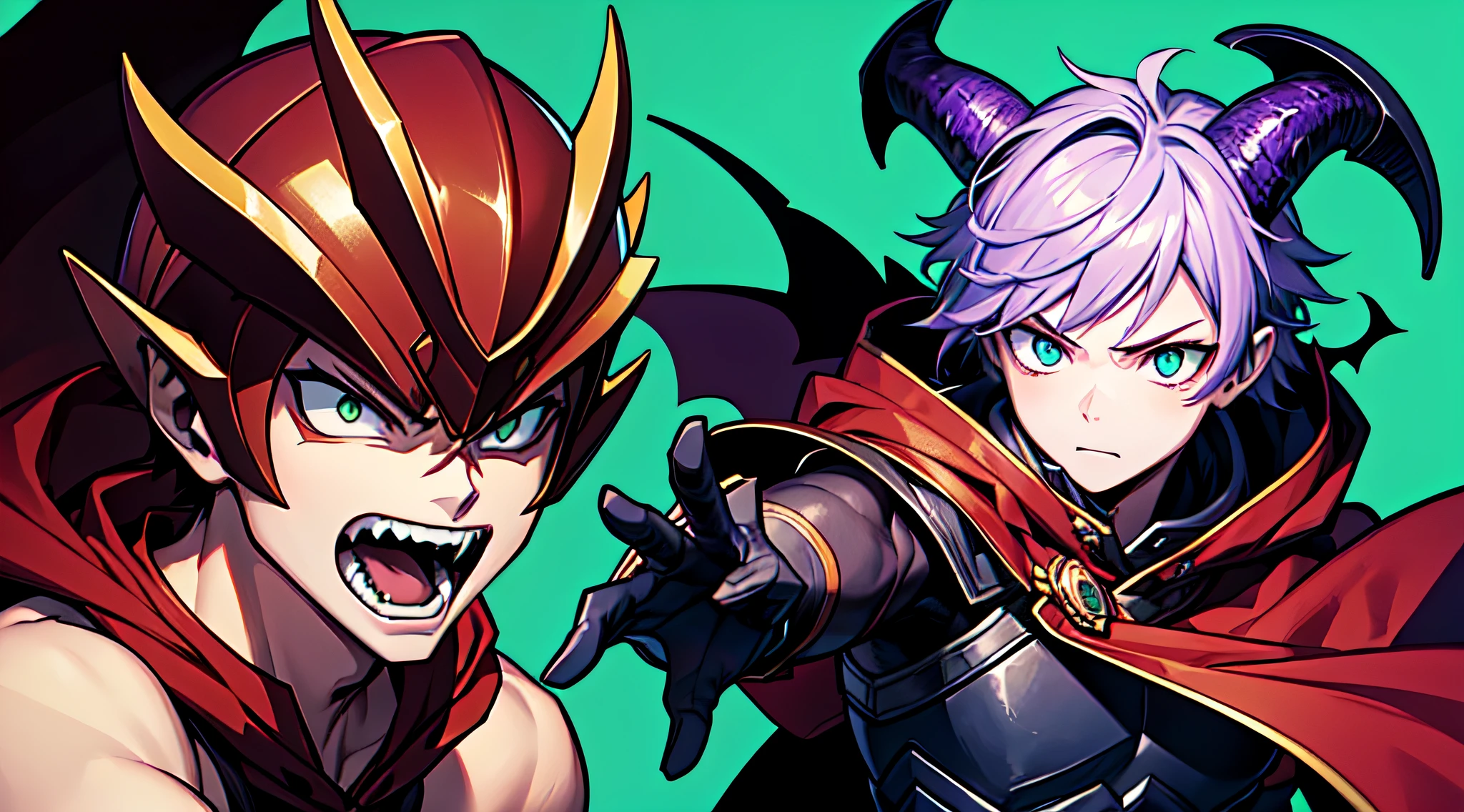 top-quality、masterpiece、((Deformed))Boy with purple short hair and green eyes、demonic horns、red cloak、Dynamic Combat Poses、Thumbnail image、Blue background