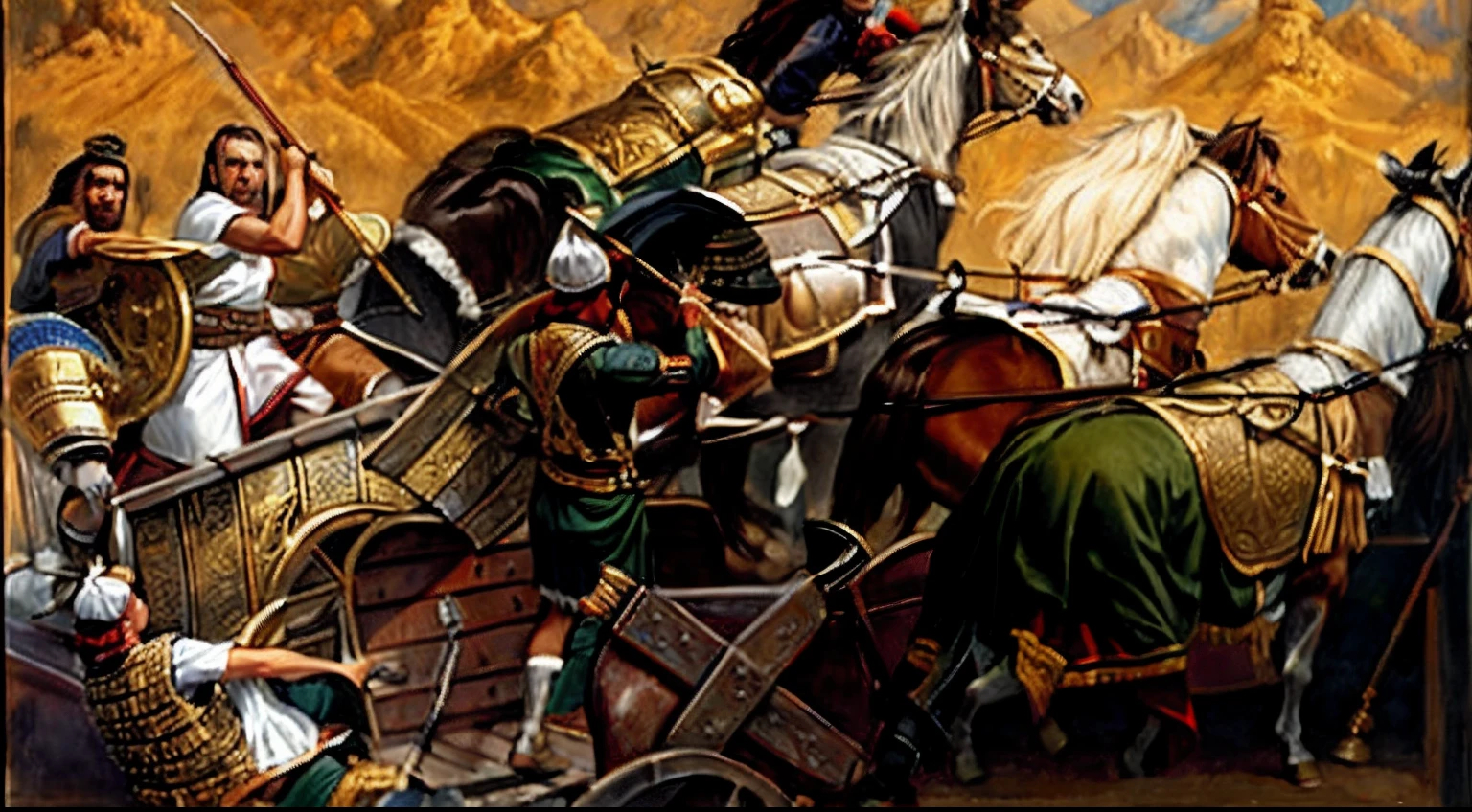 pintura de um grupo de homens montados no lombo de cavalos, trojan war, historical artistic depiction, Batalha distante de Cannae 216 a.C., Award-winning historical painting, hystorical painting, Directed by: Laszlo Balogh, comerciantes em fuga, cena de guerra, history painting, carruagem, artista desconhecido, dramatic artwork, mongolian invasion of iraq, epic biblical representation