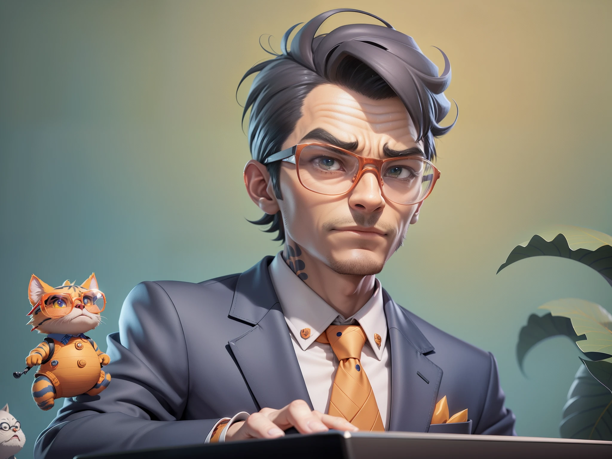 A young man in a suit, Short hair and glasses sat at his desk,holding laptop,digitial painting,tigre,3D character design by Mark Clairen and Pixar and Hayao Miyazaki and Akira Toriyama,4K HD illustration,Very detailed facial features and cartoon-style visuals。