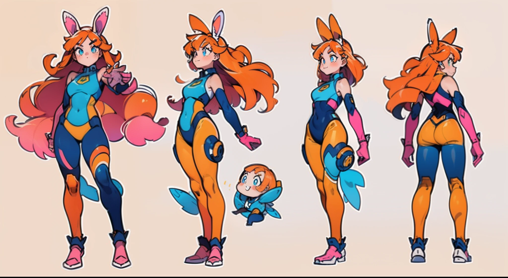 (masterpiece:1.2, best quality), 1woman, cute face, big eyes, round cubby cute face, smile, long legs, full body, adult mature female (spiky orange-pink hair, (orange-pink mullet 1.1)), (very long hair), blue eyes, (white/yellow pupil,) hero, sleeveless blue spandex bodysuit, long orange-pink rabbit ears, pink bodysuit ((masterpiece)), (((best quality))), (character design sheet, same character full body, front, side, back), Illustration, 1 girl, hair color, bangs, hair fax, eyes, environment change, pose kota, female