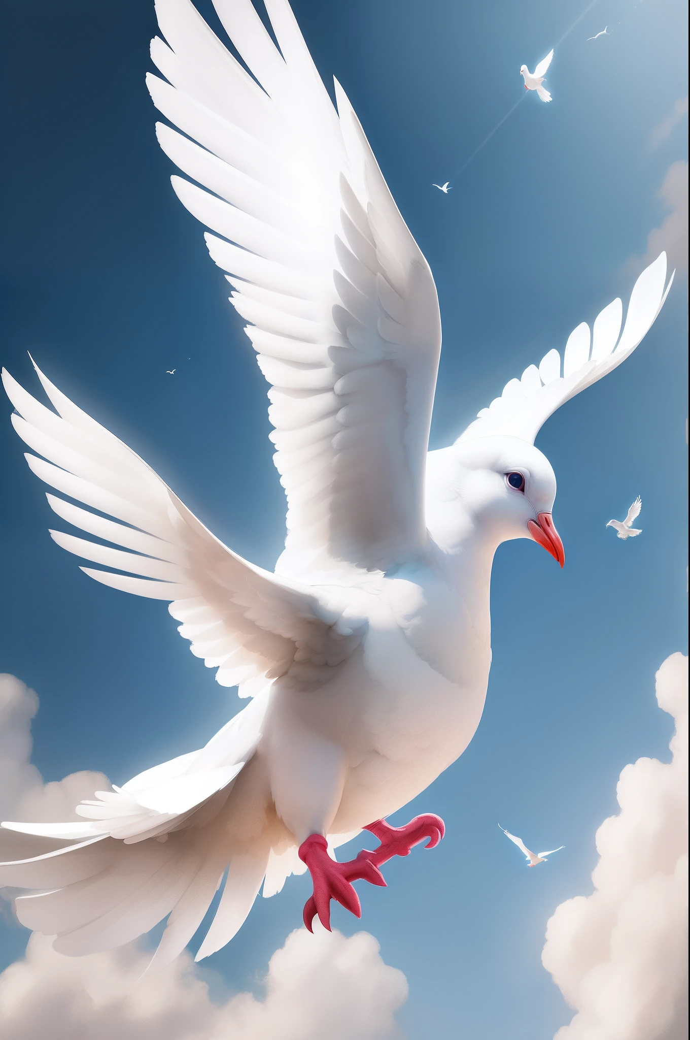 a white dove flying in the majestic sky with a bright light coming out of it, representing the Holy Spirit,
