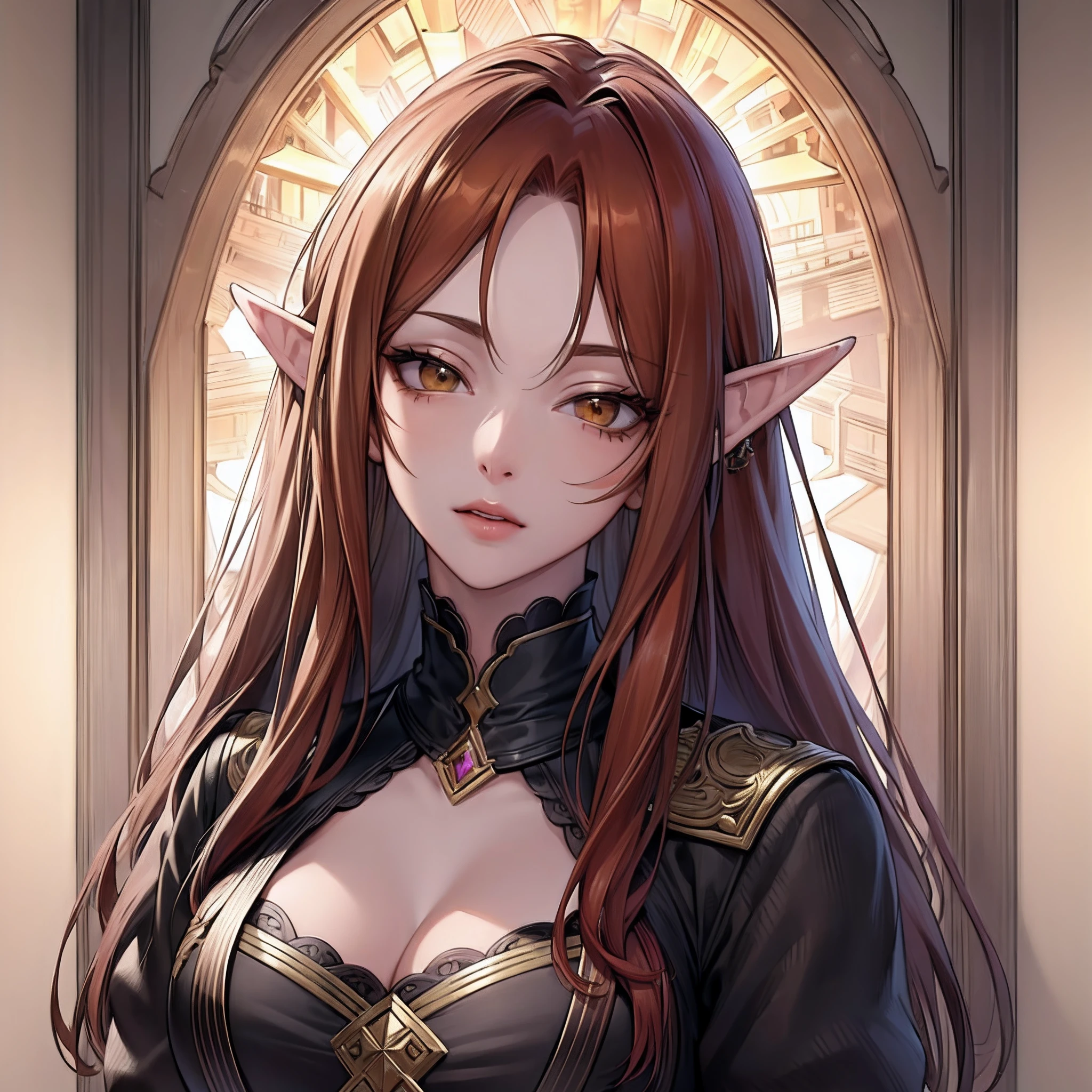 ((Masterpiece)), ((8K)), ((Ultra-detailed)), Amazing, beautiful detail eyes, Finely detailed, ((extremely detailed CG unity 8K wallpapers)), (Best Quality, 8K, 12), Masterpiece, UHD:1.2), hight resolution, sharp-focus, Detailed outfit, beautiful detailed hair, delicate detail, orange hair, red hair, Brown eyes, Yellow eyes, Long hair, elf ears, light skin, middle chest, Face close, Portrait, Turned