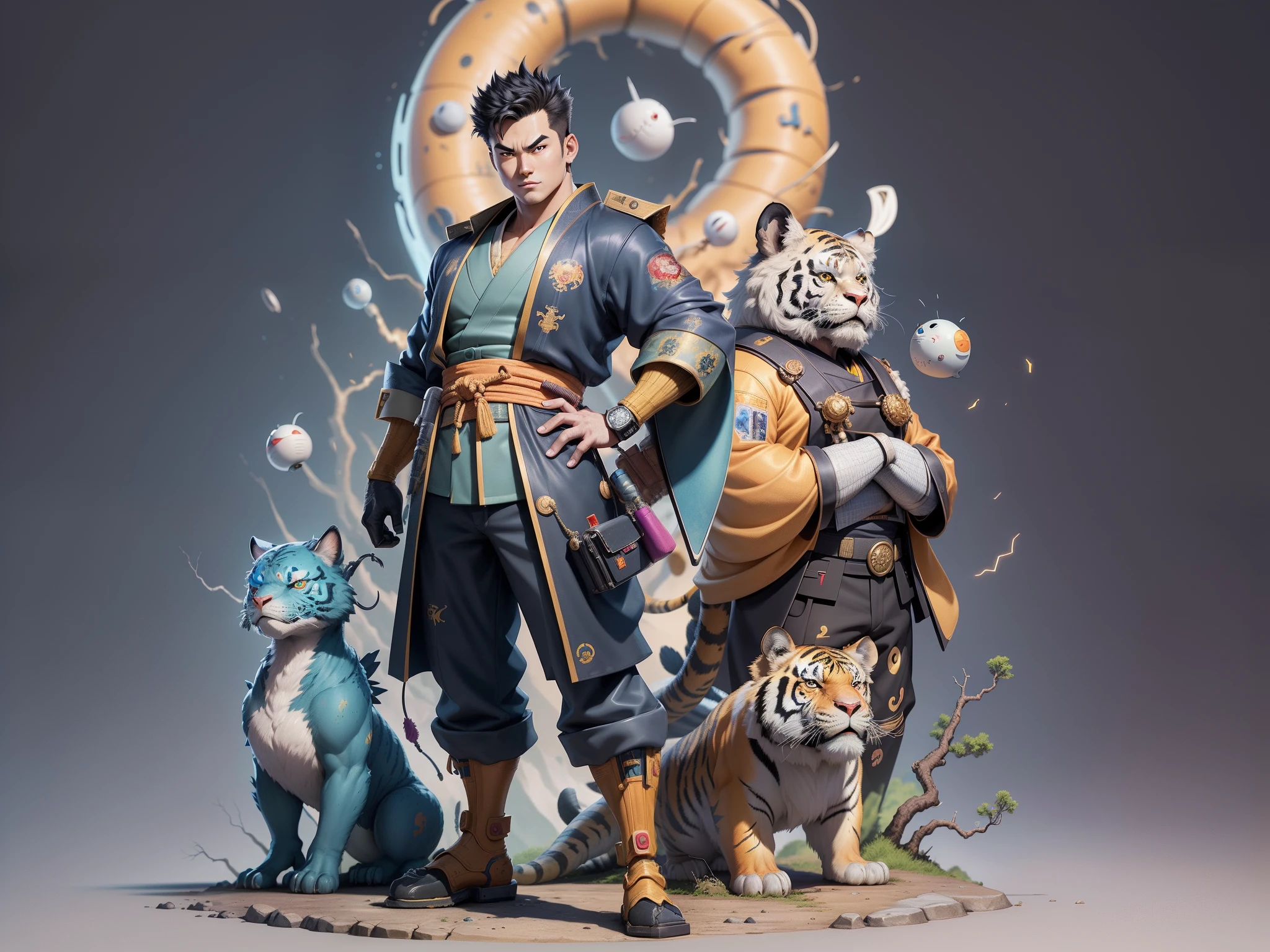 (Masterpiece), (Excellent), (Super Meticulous), (Full Body: 1.2), Super Young Man, Oriental Face, Japanese Kimono, Japanese Wind Thunder God, Dragon, Tiger, TV Anchor, Bust Portrait Illustration, Alone, Black Suit, Blue Tie, Slightly Chubby Face, Very Clean Face, No Beard, Black Super Short Hair, Black Eyes, Confident Smile, 3c Computer Sub-Products, iPad, iPhone, Digital Painting, 3D Character Design by Akira Toriyama and Mark Claireden and Pixar and Hayao Miyazaki, The illustration is a high-definition illustration in 4K resolution with very detailed facial features and cartoon-style visuals.