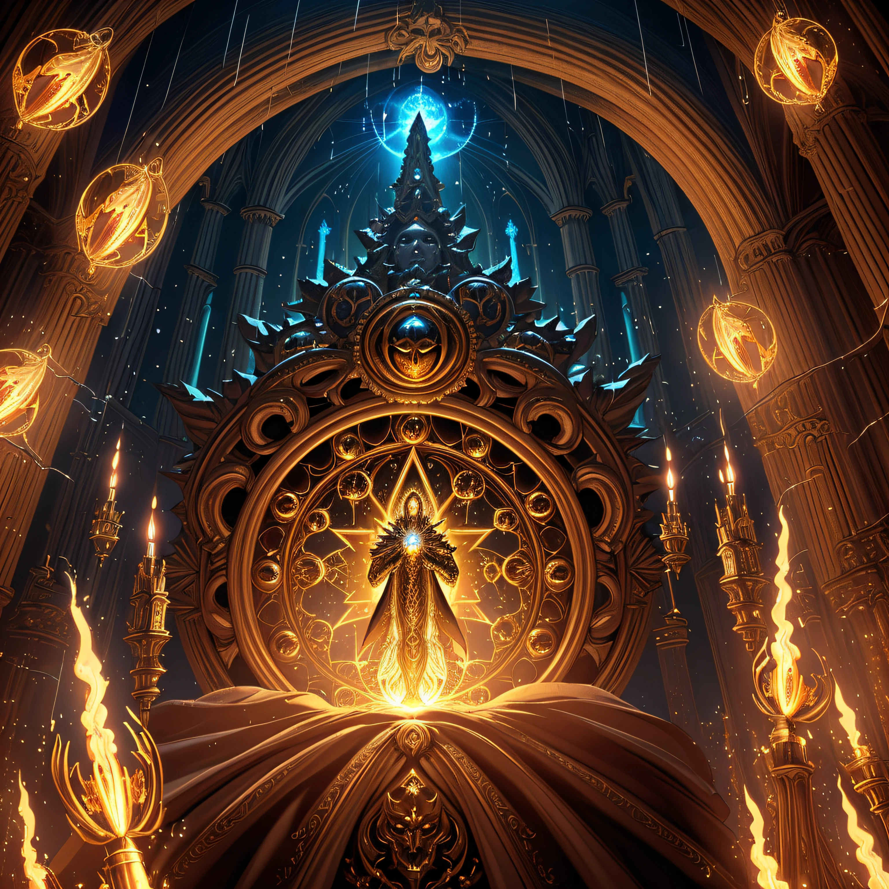 android mechanical lich:unholy celestial aura, (subject above a gothic cathedral)=1.5, robot wings,earnst haeckel, james jean. generative art, baroque, intricate patterns, fractalism, movie still, photorealistic, intricate, elegant, highly detailed, artstation, smooth, sharp focus, illustration, outrun, vaporware,epic wide angle shot, (monsters trapped in orbs of pure unholy celestial aura), angle from above, (Golden Death Mask) = 1.8, cinematic lighting, (unholy fire raining in the background lighting the scene) = 1.0, Yawning:Blank Stare, {Masterpiece}