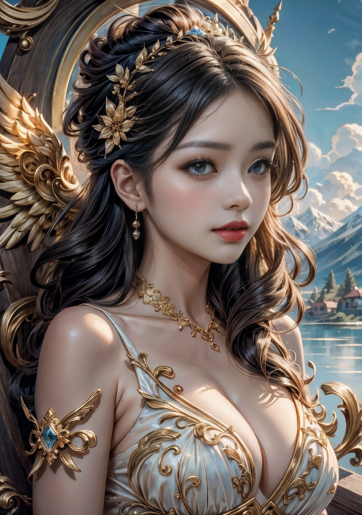 offcial art，Extremely detailed ，1 woman，Sacred feelings，starryskybackground，Colorful background，beautiful and moving。Beautiful face，Like a reborn fairy。deep eye，ruddy lips，Slightly upward，Exude femininity。Hair is long and soft，Like delicate silk，big breasts beautiful、noble、mistic。Stand in a mysterious and beautiful environment。Lives between mountains and rivers，Surrounded by clouds。Built on a high mountain，Overlooking the entire mountain，The power of nature。There are often various exotic plants in the garden，Exudes an attractive aroma。Goddesses are like angels，It exudes a mysterious and beautiful glow。 Surrounding mountains々， Very detailed CG Unity 8K wallpaper，（tmasterpiece），（best qualtiy），（ultra - detailed），（Ultra photo realsisim），（best character detail：1.36），Nikon D750 F / 1.4 55mm，dynamic angle，profetional lighting，photon maping，Radio City, physically-based renderingt, outside of house, Classic antique girl， motion-blur， cinmatic lighting， best qualtiy， 4K，looking at viewert, Be red in the face, 1girll, a matural female, A MILF, Tall body, the golden ratio,(Kpop Idol),(Oil skin:1.2),(Oil skin:1.1), makeup,[:(with detailed face:1.2):0.2]:,pureerosface_v1, ((Curly gray hair and sophisticated style)),(aegyo sal:1),(Puffy eyes),(eye lashes:1.1), (cparted lips:1.1),red lipsticks,broad shoulder,(Bigchest:1.1),(cleavage:1.1)，offcial art，Extremely detailed