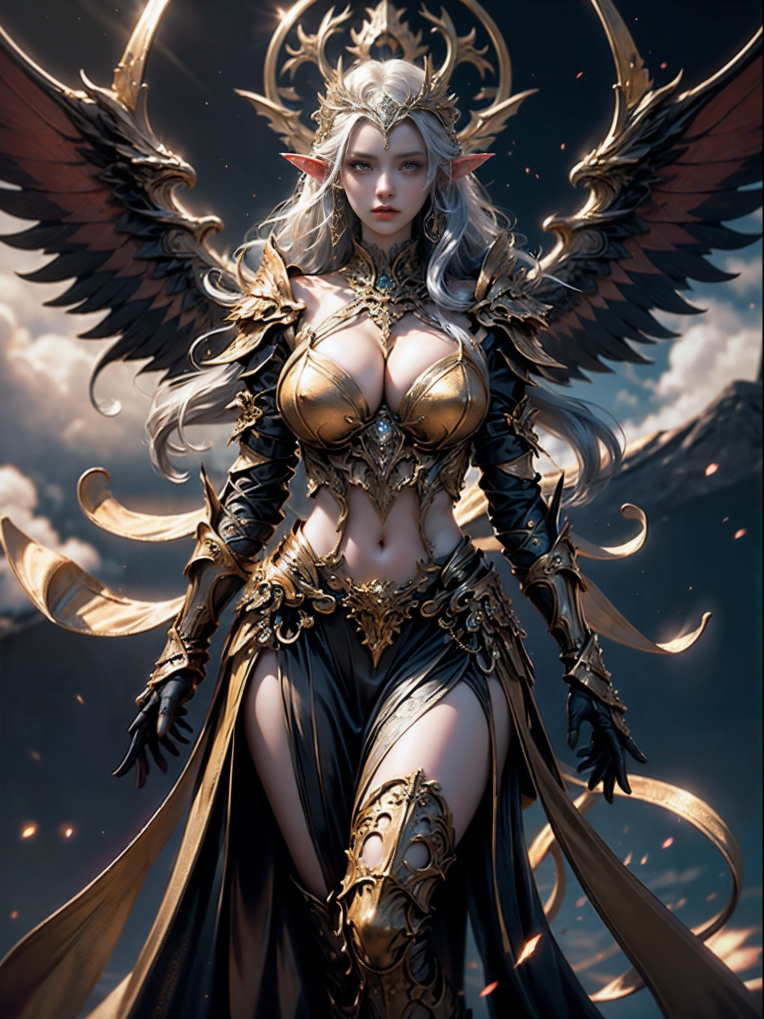 Sexy Elven Woman in a black and gold armor, ((Huge breasts, Large cleavage)),Slim waist, (Bare waist), Elven girl in shiny armor, Beautiful armor, Extremely detailed, Long shapeless hair, (((Elven city background))), Ultra-detailed, detailed fantasy art, Stunning character art, Beautiful and exquisite character art, Crystal jewelry filigree, milky ways, Stunning visuals, (dynamic streaks, light tracks:1.2), Vibrant colors, cinematic lighting.