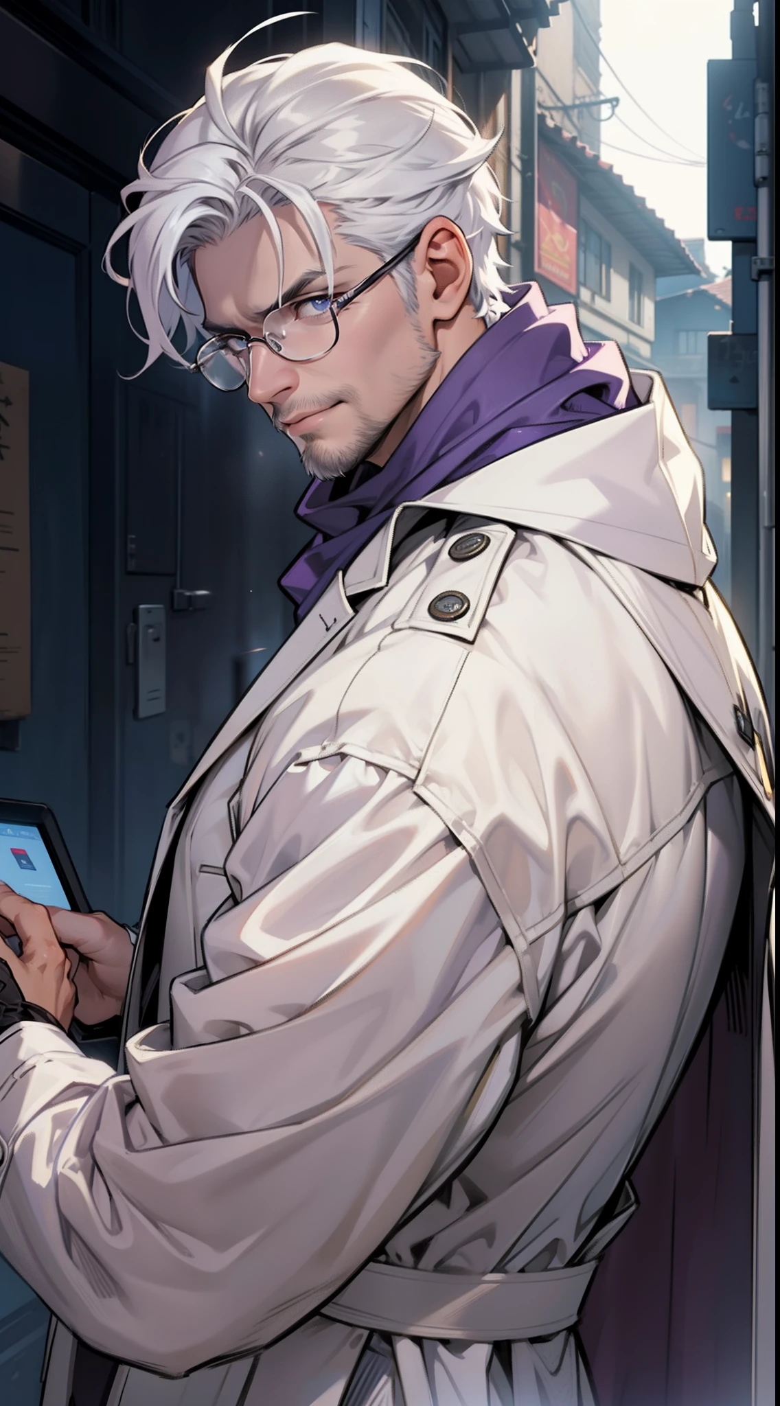 (tmasterpiece) (A masterpiece) (Meticulous description) (Meticulous hair depiction) (Carefully portray the eyes) (Carefully portray the face) (Detailed portrayal of the human body) (Detailed portrayal of the half-body) (Handsome uncle)(quadratic element)One man only,uncle,Clear face,sharp look,Uncle lineage,dyna,exquisite CG,Exquisite illustrations,male people,wrinkles,47-year-old uncle,Middle aged,Pan,nobles,A half body,White gloves,A long flowing purple scarf hangs over her chest,high and cold,professor,Sneer Smile,a sense of atmosphere,White hair meticulously combed at the back of his head,Big back without bangs,Short beard,Gray-blue eyes,Wearing a long white trench coat,wears glasses,More details,The light from the back window is backlighted,toplight,closeup cleavage【The eternal seven-day capital of Hilo】