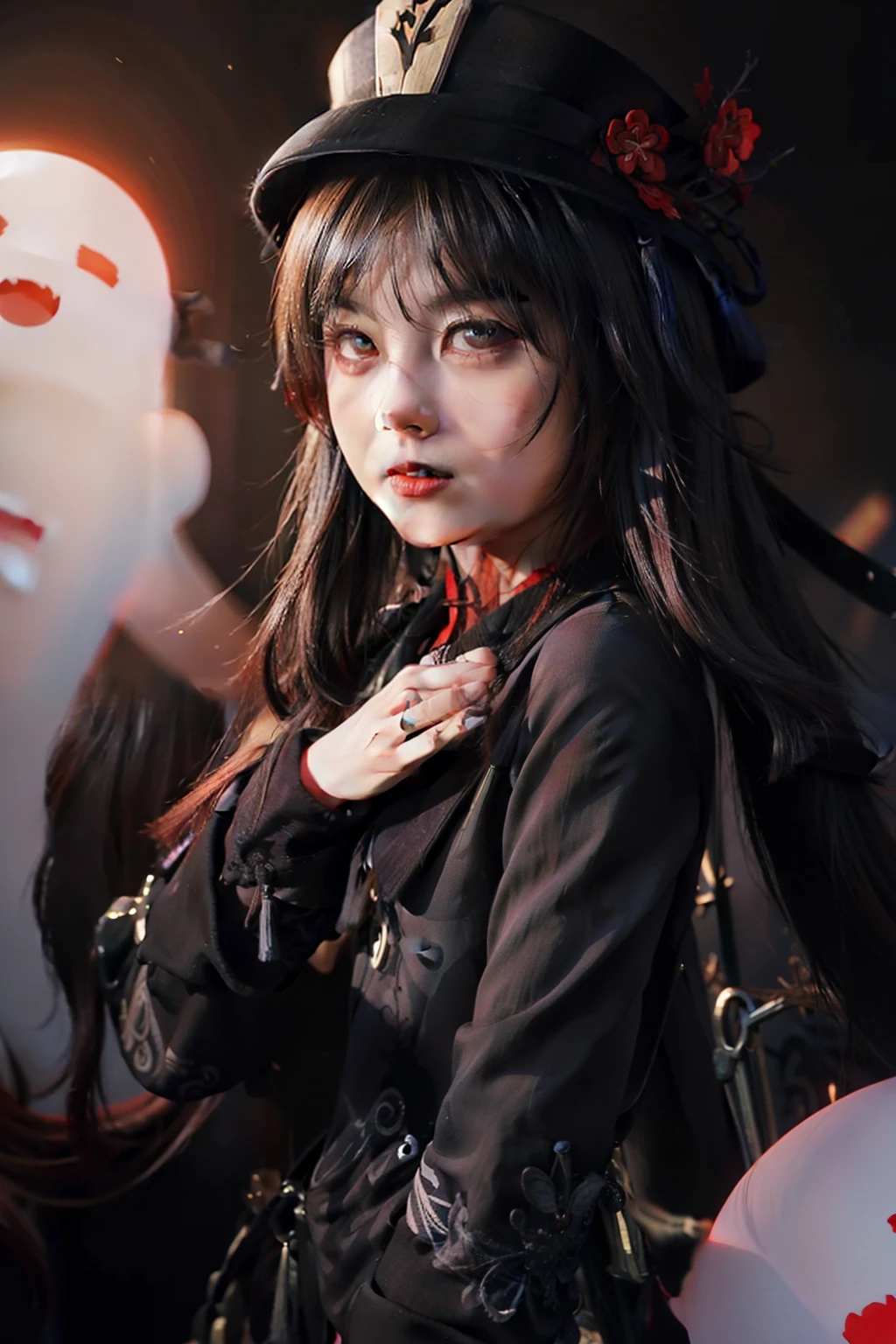 real girl with a ghost and a hat on, from hu tao, hu tao character, flirty real witch casting magic, hu tao project, demon anime girl, onmyoji, hu tao, yume nikki, hu tao genshin impact, pale young ghost girl, akane owari danganronpa, gapmoe yandere grimdark, nightcore