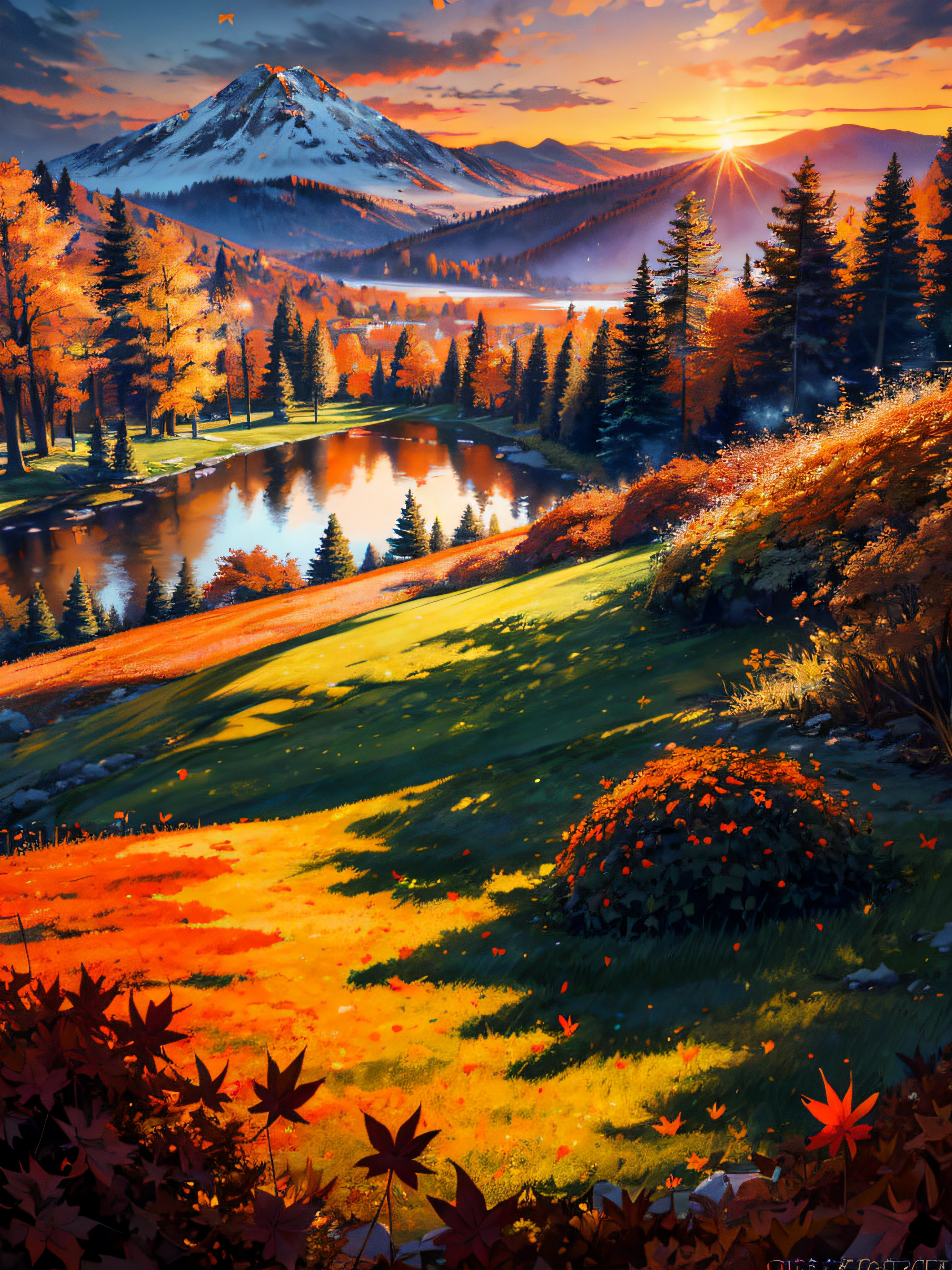 masterpiece,best quality,lycoris,flower field,depth of field,dusk,orange sky,sunset,glow,lake,autumn,maple,fallen leaves, mountain ((tileset))