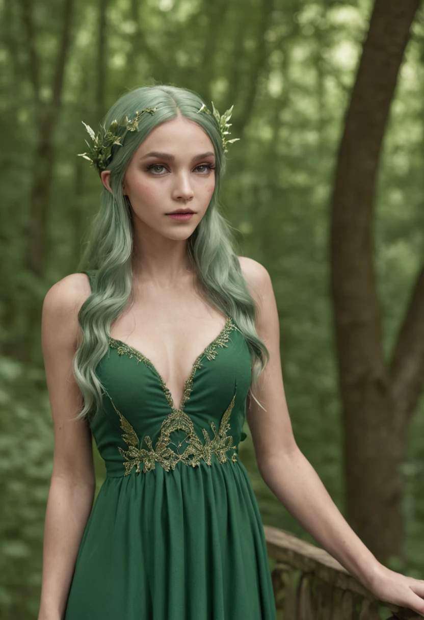 Beautiful 20-year-old divine elf with golden eyes, green hair and a skin-tight green dress Walks in the woods. 160 cm tall, 90-60-120, ultra realistisch, Oktan-Rendering, UHD, Unreal-Enigine 5, IG-Modell, Extrem detailliert, Phantasie, Fey Queen of the Summer Forest, Goddess of the Forest, Very nice elf top model, Friedlicher Elfenwald, Queen of the Forest, in the green forest, beautiful and elegant female elf, Elfenwaldhintergrund, Fluss Prinzessin, Dryade im Wald, Elfenkönigin.