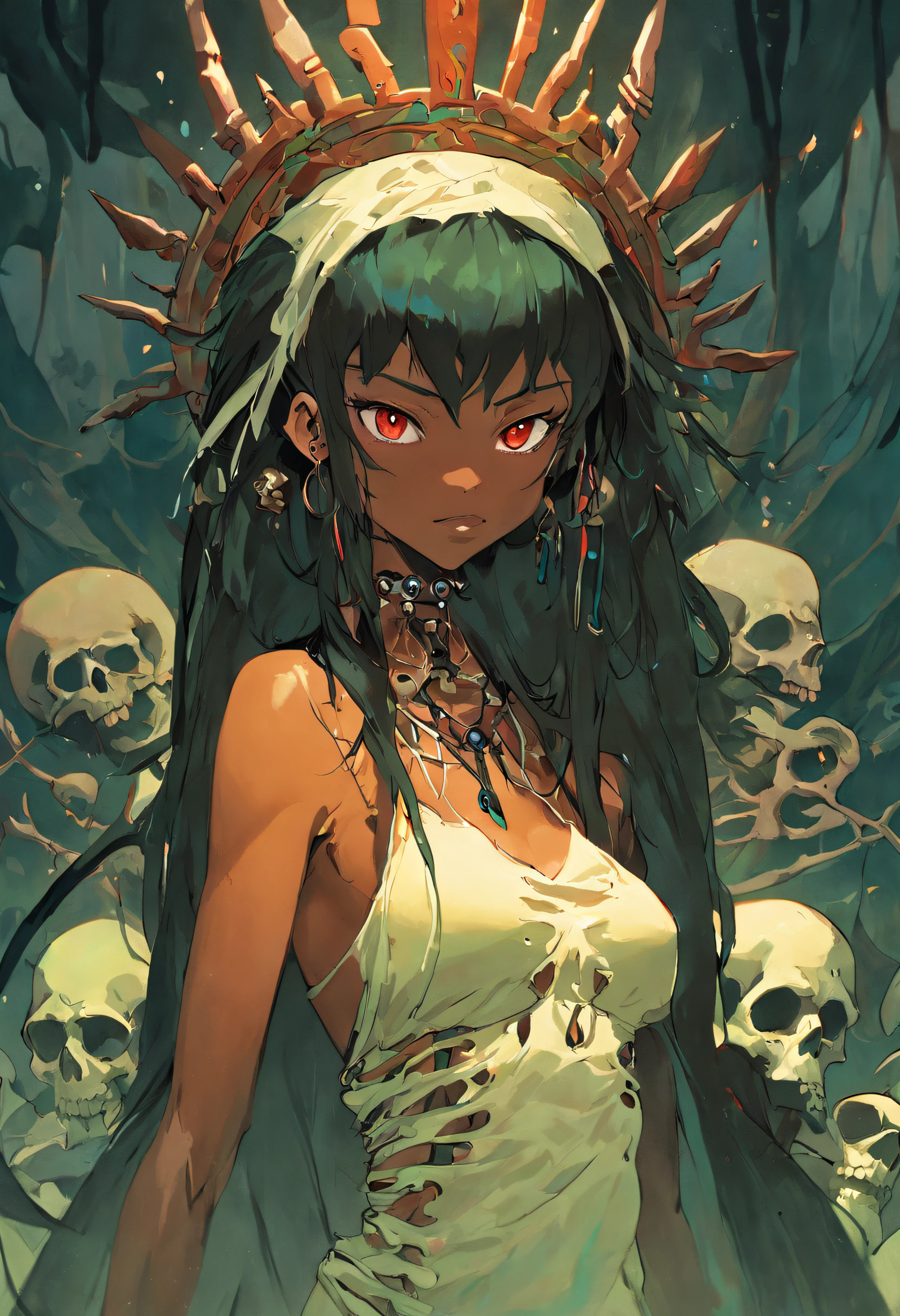 ((masterpiece:1.4, best quality:1.2)), a voodoo priest, swamp, dreadlocks, skulls, artwork portrait, adam hughes.