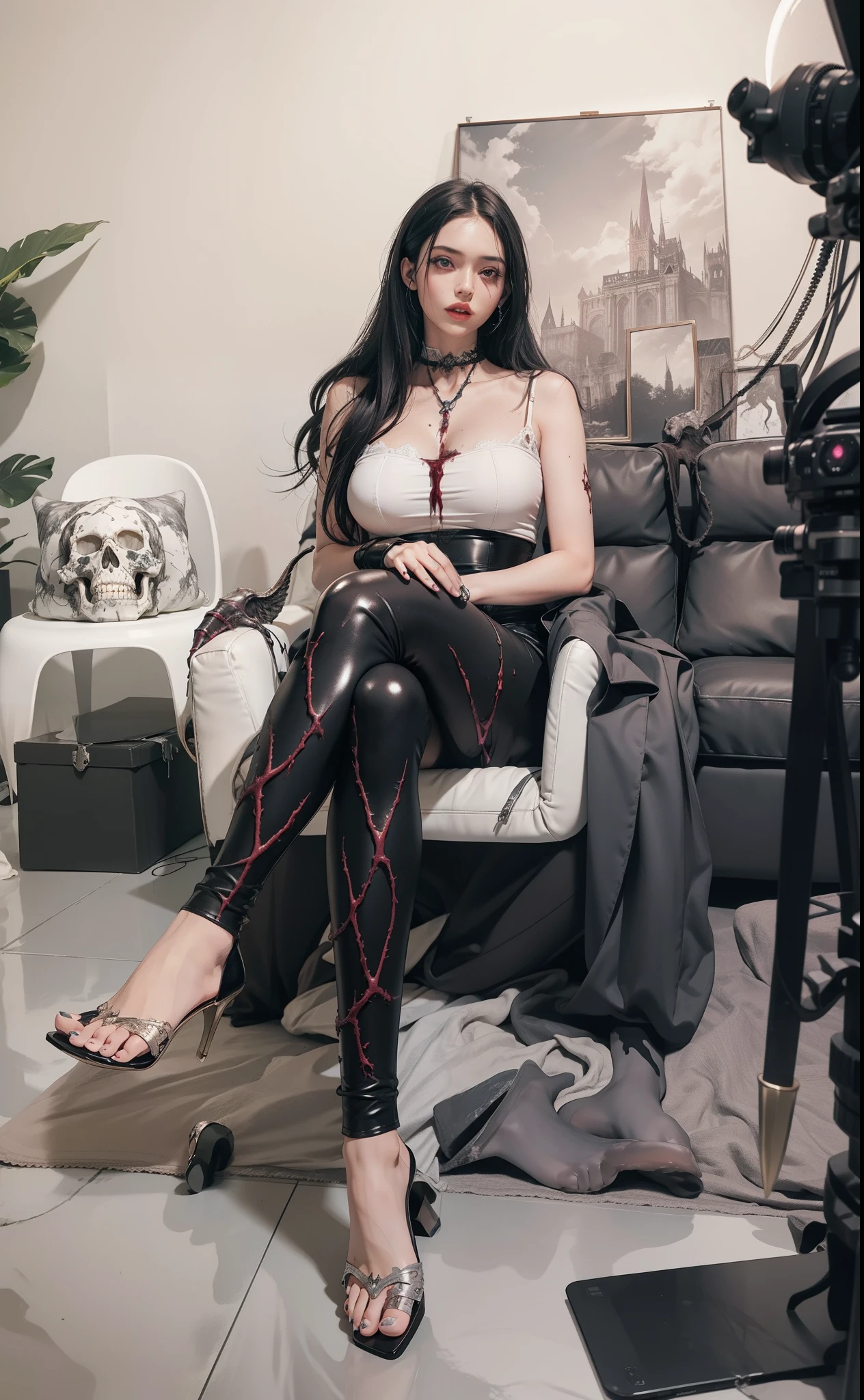 Fine matte paint,Skeleton Dark Angel, Haunted castle with large wings, Fill the drawing table with a knife,terroral,uncanny,horrid,secret terror,tentaculata,grape trees,The eye,uncanny valley effect teeth,all fours,Critters,Blood Moon,super high image quality,Sexy beauty,The picture quality is clear,the feet,high-heels,nedium breasts