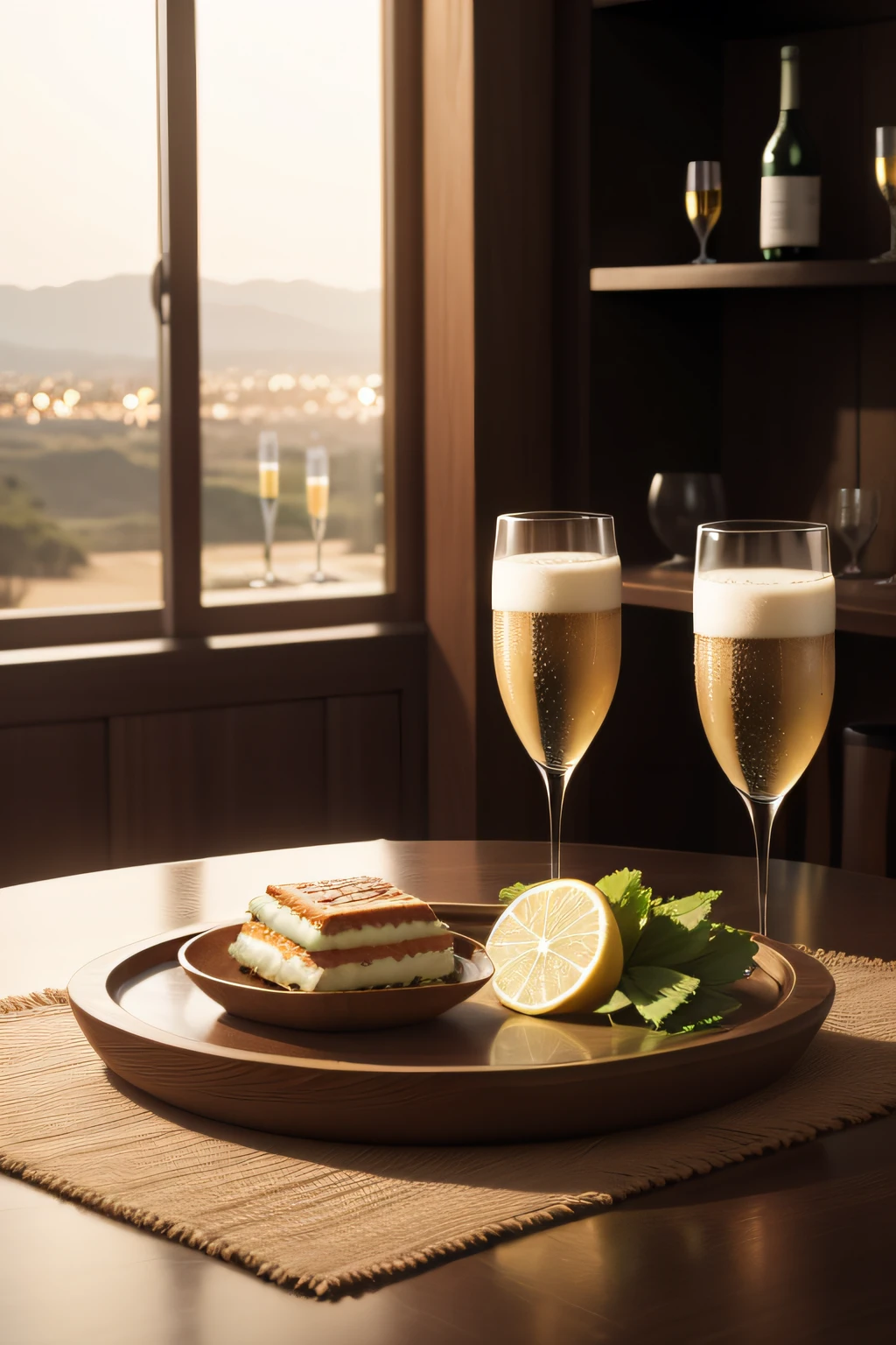 mesa de bar com balde com champanhe, glass with champagne, prato e talheres