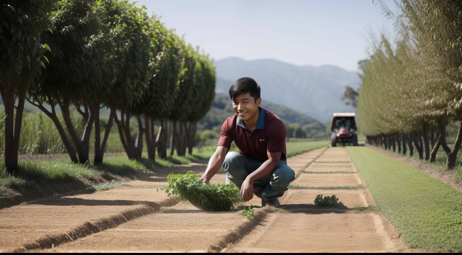 A scene in which the young Oriental is engaged in agricultural activities, ajudando a plantar sementes nos jardins da aldeia. His smile and determination show how he continues to share his generosity and knowledge to improve the lives of those around him.