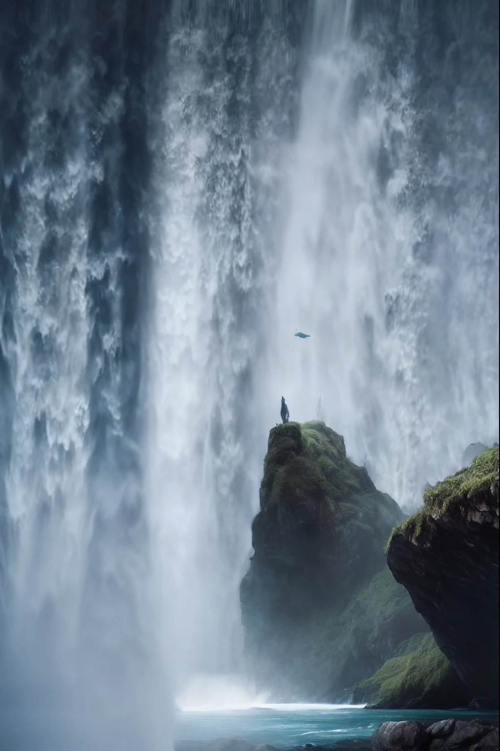 Shake the Falls Fantasy movie stills, stunning vfx, epic cinematic shot, stunning cinematography, Visually stunning scene, fantasy movie still, Cinematic epic shots, dramatic cinematic shot, 4k movie still, 4 k movie still, epic cinematic matte painting, denis villeneuve cinematography, cinematic widescreen shot, Solitude under the waterfall