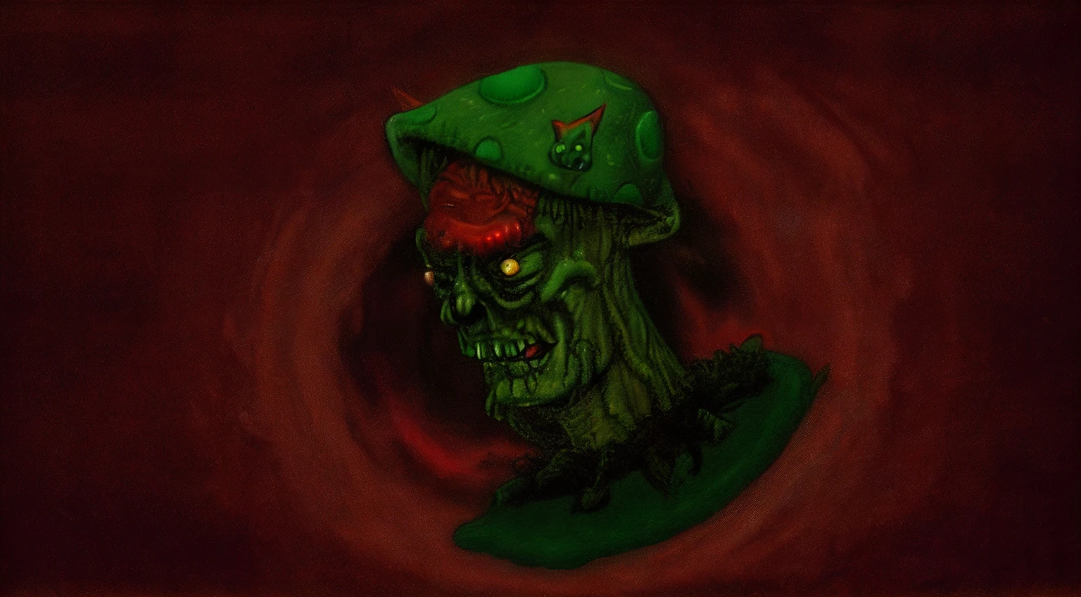 Cartoon of a zombie with a red hat on his head, cogumelo trippy, Fungal Deus, cogumelo, green doom guy, nightmarish illustration, colorful sketch, zumbi de doom eternal, doom guy, Goblinko, asqueroso, magic mushroom, Desenhado no estilo de Mark Arian, cogumelo escuro, personagem de videogame, full-colour illustration, medium portrait of a goblin