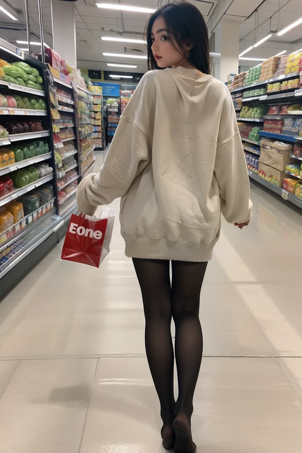 Show entire body, feet in view, rear view, 1girl, shopping, legs bent, oversized sweatshirt, pantyhose, no shoes, grocery store