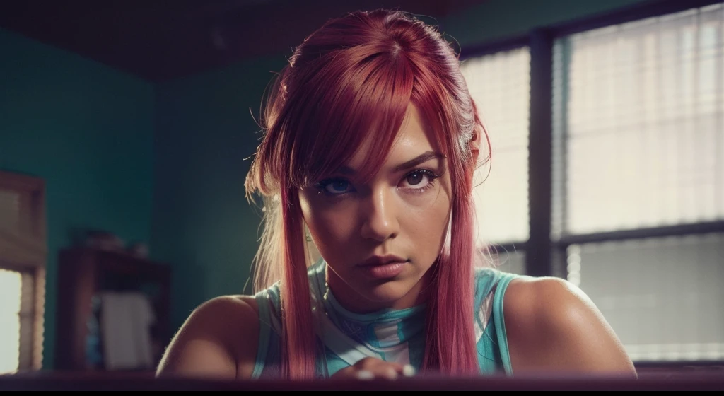 Wes Anderson-style portrait of wwe Asuka in a gym looker room highly detailed, intricate, sharp focus, depth of field, f/1. 4, 24mm, medium shot, mid shot, (centered image composition), (professionally color graded), ((bright soft diffused light)), volumetric fog, trending on Instagram, trending on Tumblr, hdr 4k, 8k Psicodelia, retro-futurista,