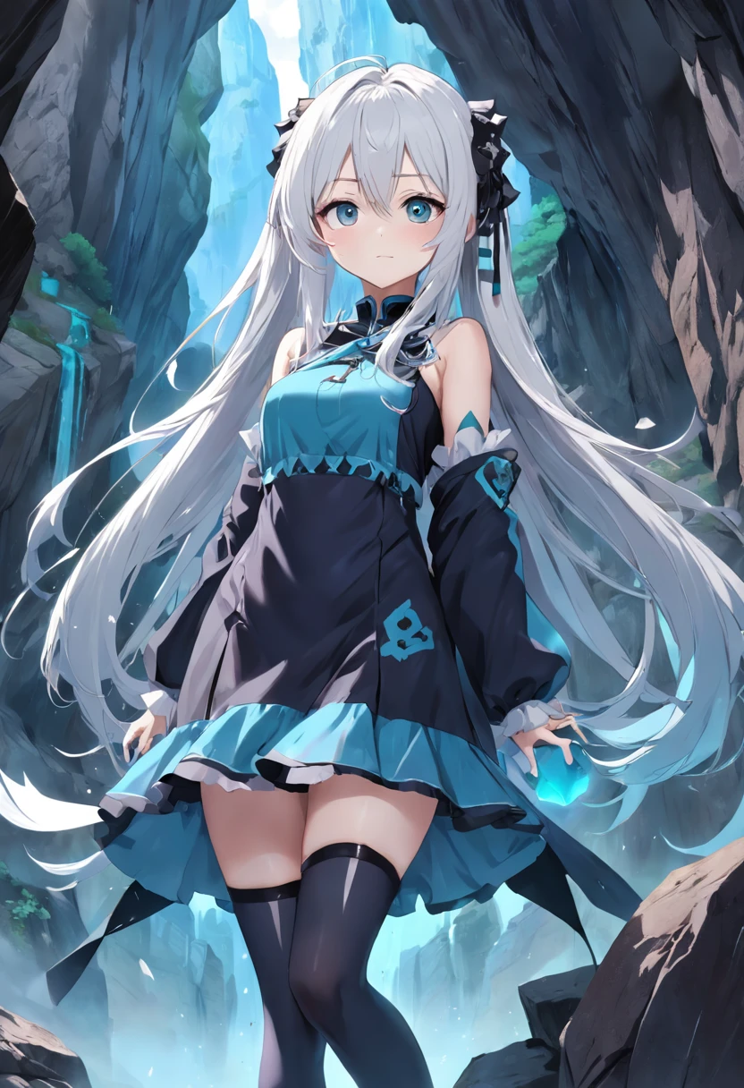 Anime shoujo with long white hair and black stockings,Cyan and blue clothes,China-style,Caves and caves,Tall and tall,444 Hz, Beautiful, Breathtaking, Highly detailed, 8K, Use, Affectionate, Ultra photo realsisim, scenery