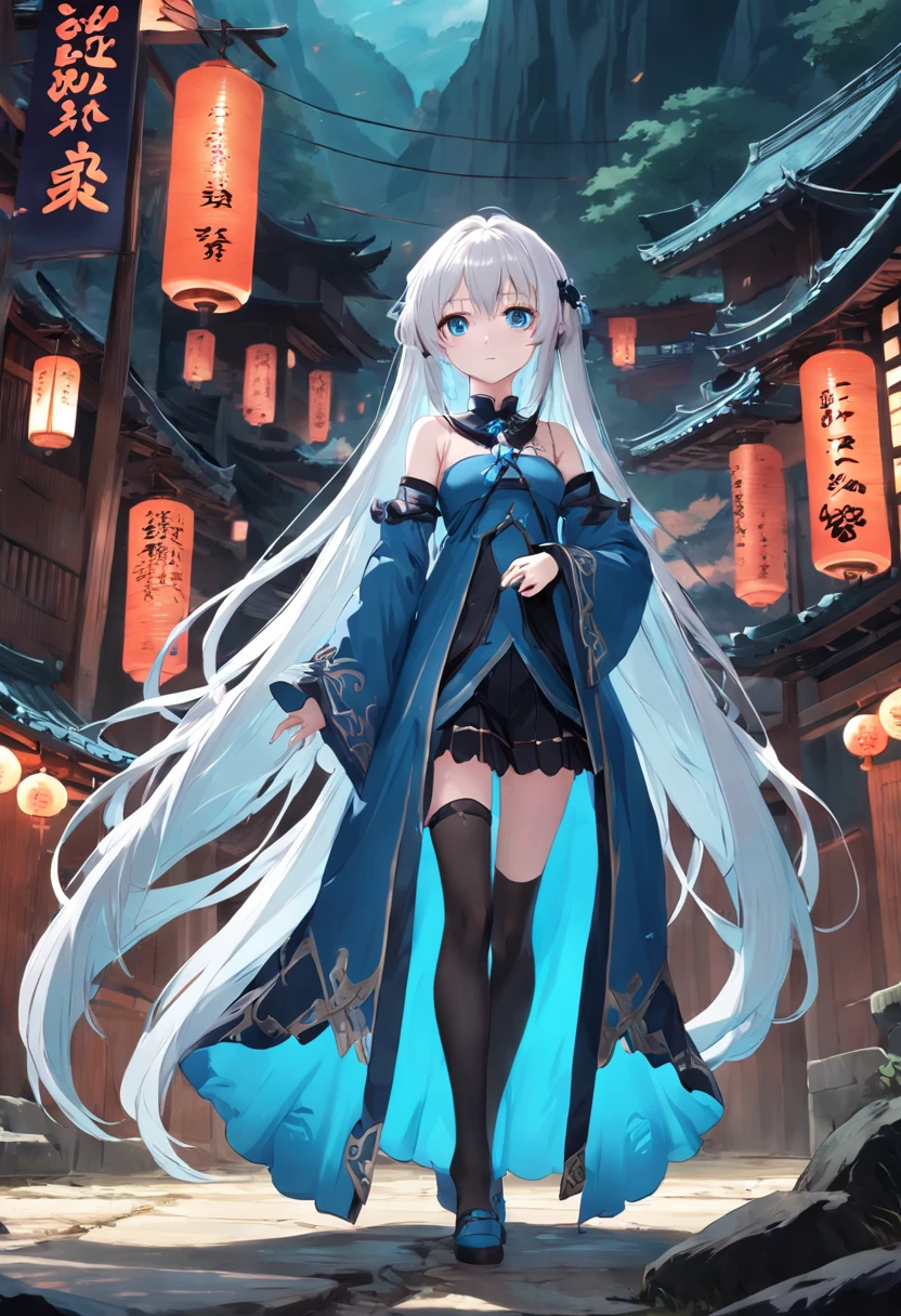 Anime shoujo with long white hair and black stockings，Cyan and blue clothes，China-style，Caves and caves，Tall and tall，444 Hz, Beautiful, Breathtaking, Highly detailed, 8K, Use, Affectionate, Ultra photo realsisim, scenery