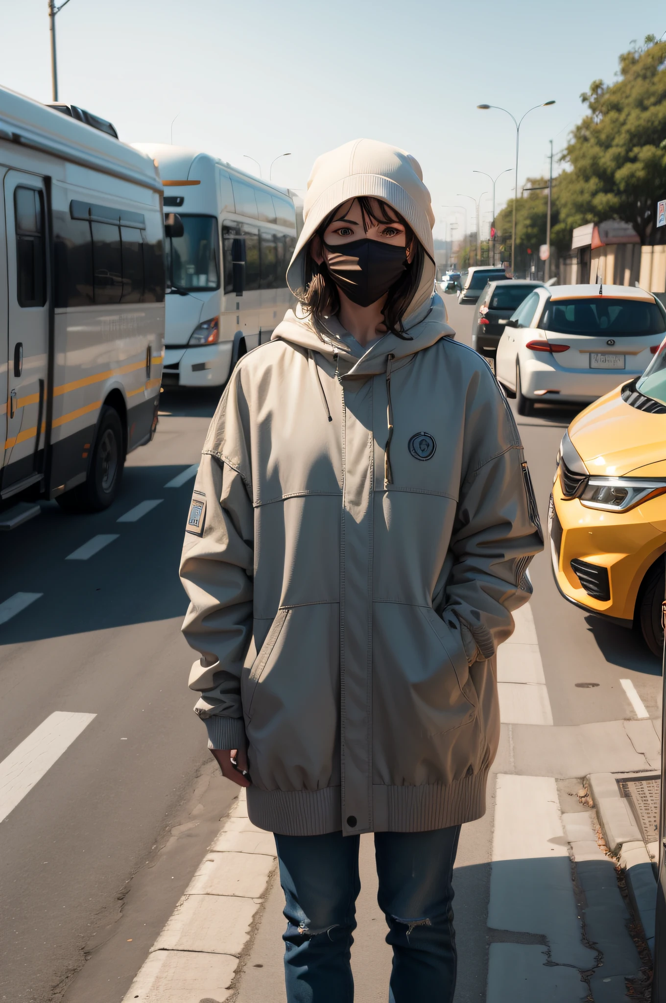 A person standing, imersa no caos urbano, observando carros em alta velocidade, the traces of blur in your field of vision, com o rosto coberto pela misteriosa sombra da cidade.