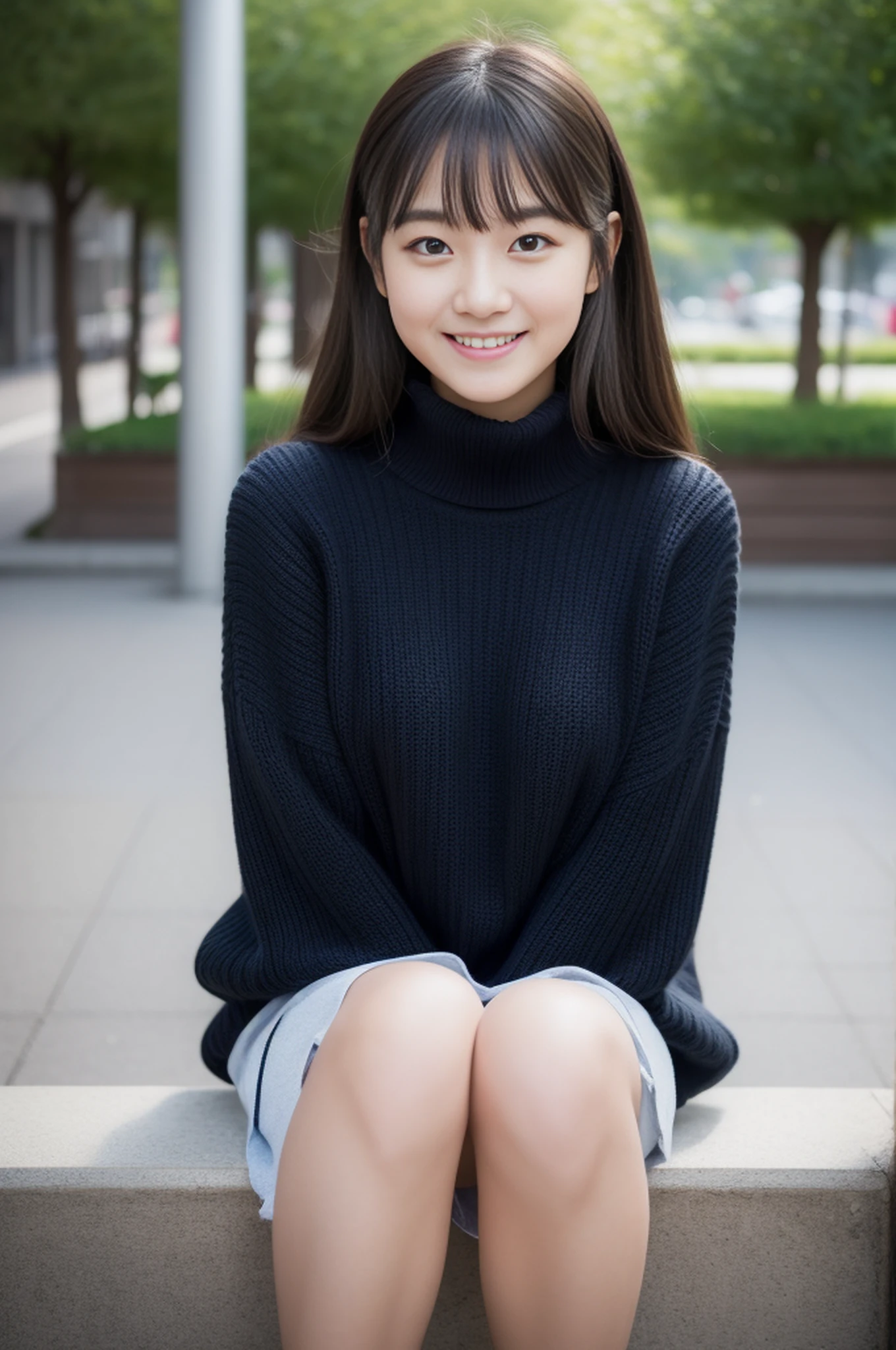 Background with、Osaka、Glico、Shinsaibashi、knit、turtle neck、Korea person、A dark-haired、Cat face、Oku Duplex、At the tip of the nose、Soft lips、Height 158cm、D-cups、Full body black knit clothes、skiny、full body Esbian、Skinny Legs、8K high image quality、Cho Yuri、Cheyena、A smile、The background is a park、hi-school girl、High school students、a 、Only one person、sitting,